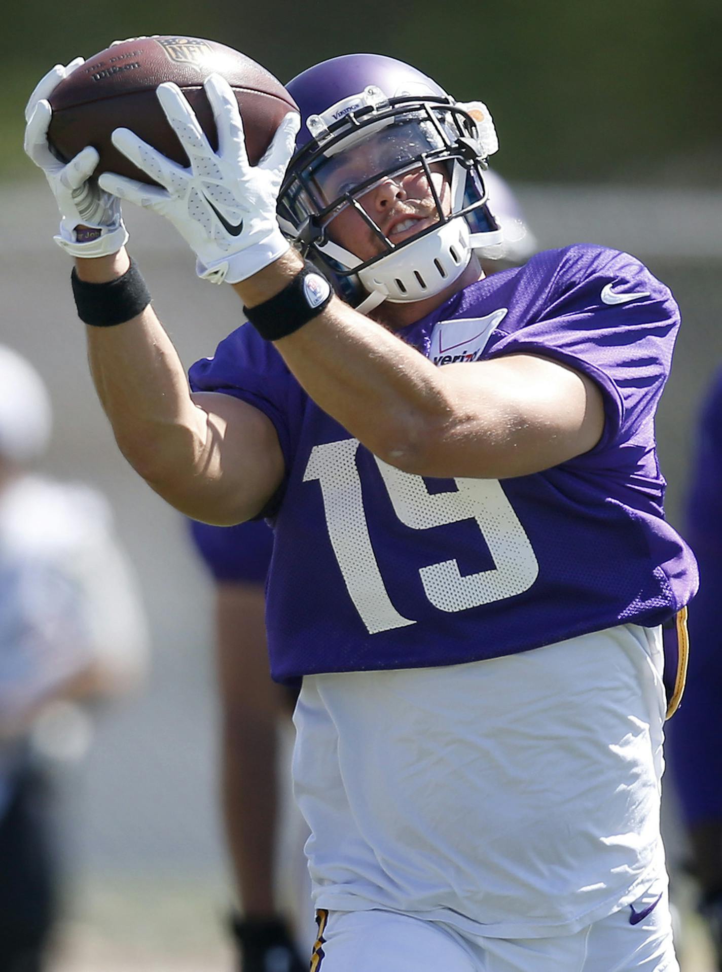 Minnesota Vikings receiver Adam Thielen (19) caught a pass during the afternoon practice on Monday. ] CARLOS GONZALEZ cgonzalez@startribune.com - August 3, 2015, Mankato, MN, NFL, Minnesota Vikings Training Camp, Minnesota State University, Mankato,