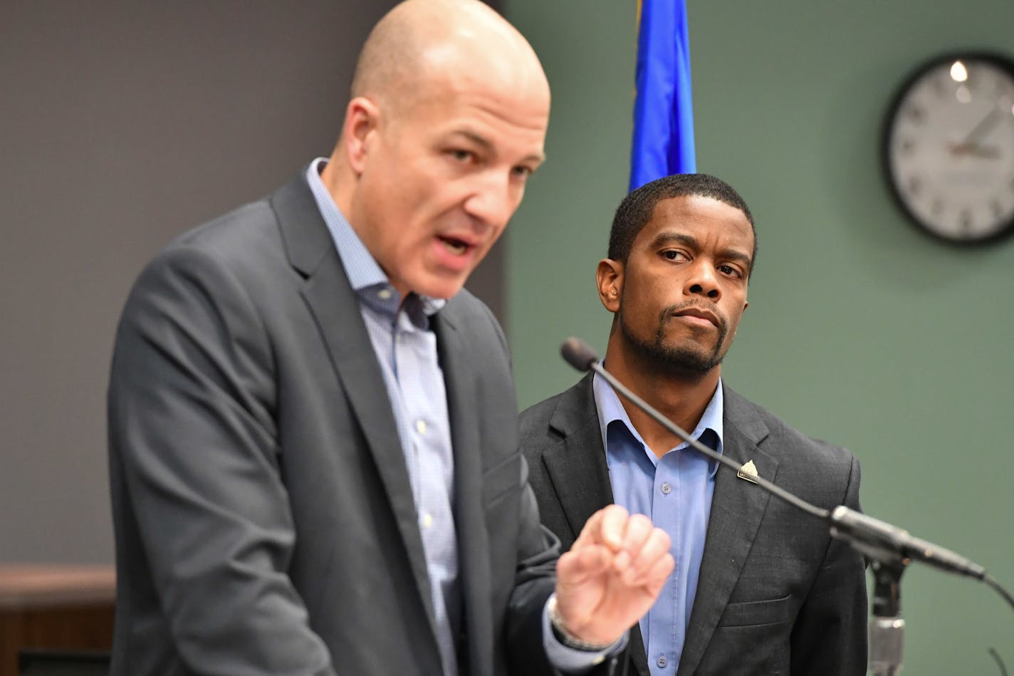 SPPS Superintendent Joe Gothard and City of Saint Paul Mayor Melvin Carter at a news conference to address yesterday's snow issues.