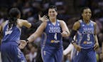 Minnesota Lynx's Janel McCarville (4) celebrates with teammates Maya Moore (23) and Tan White (5) during the second half in Game 2 of a WNBA basketbal