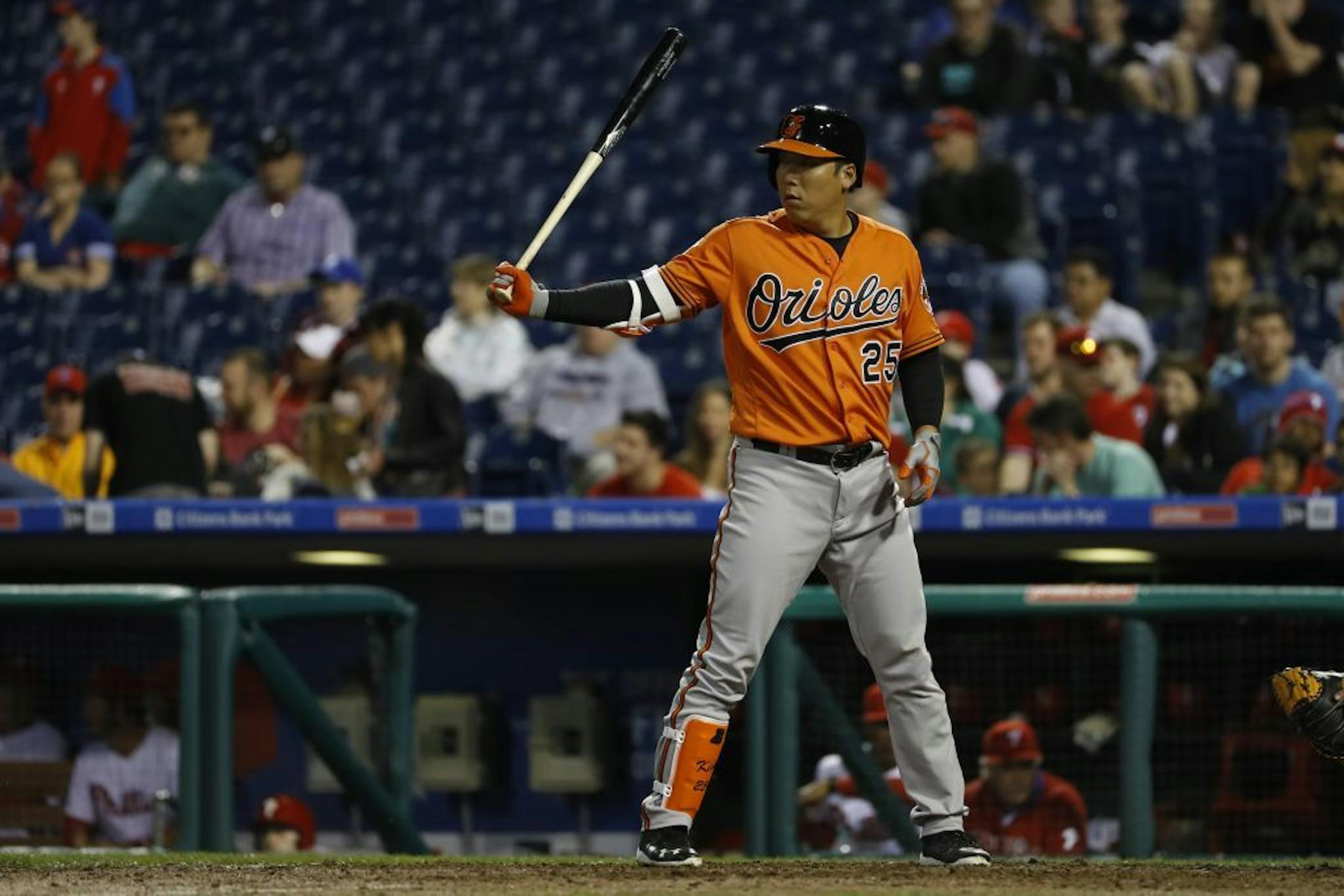 Baltimore Orioles' Hyun Soo Kim in action during an exhibition baseball game against the Philadelphia Phillies, Friday, April 1, 2016, in Philadelphia.