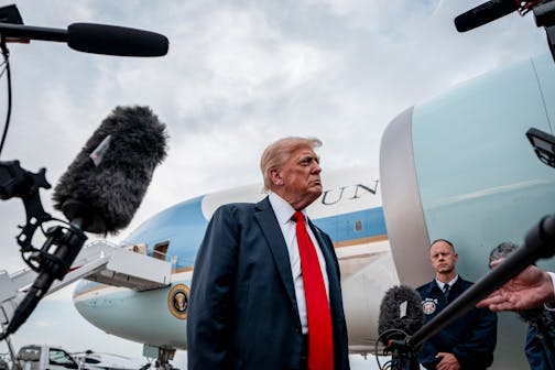President Donald Trump speaks to reporters at Joint Base Andrews in Maryland on Sunday, July 13, 2025, after attending the FIFA Club World Cup final in New Jersey. The fallout of the Epstein case is testing the power the president holds over his most loyal followers, many of whom have broken into open revolt against him. (Haiyun Jiang/The New York Times)