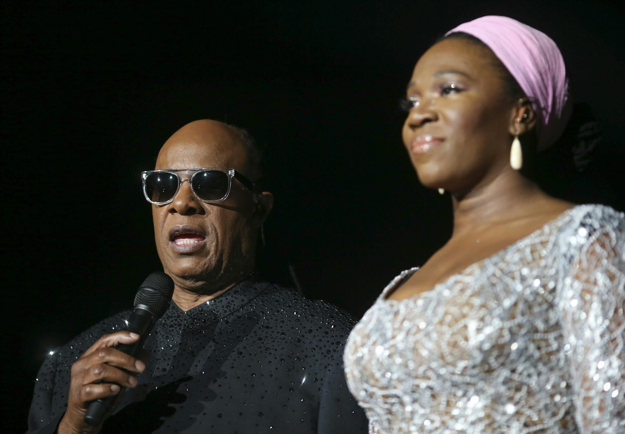 Stevie Wonder was escorted on stage by India Arie, who performed also performed with him. He greeted the audience before he began with the first cut on the album, "Love's in Need of Love Today" Sunday night at Target Center.