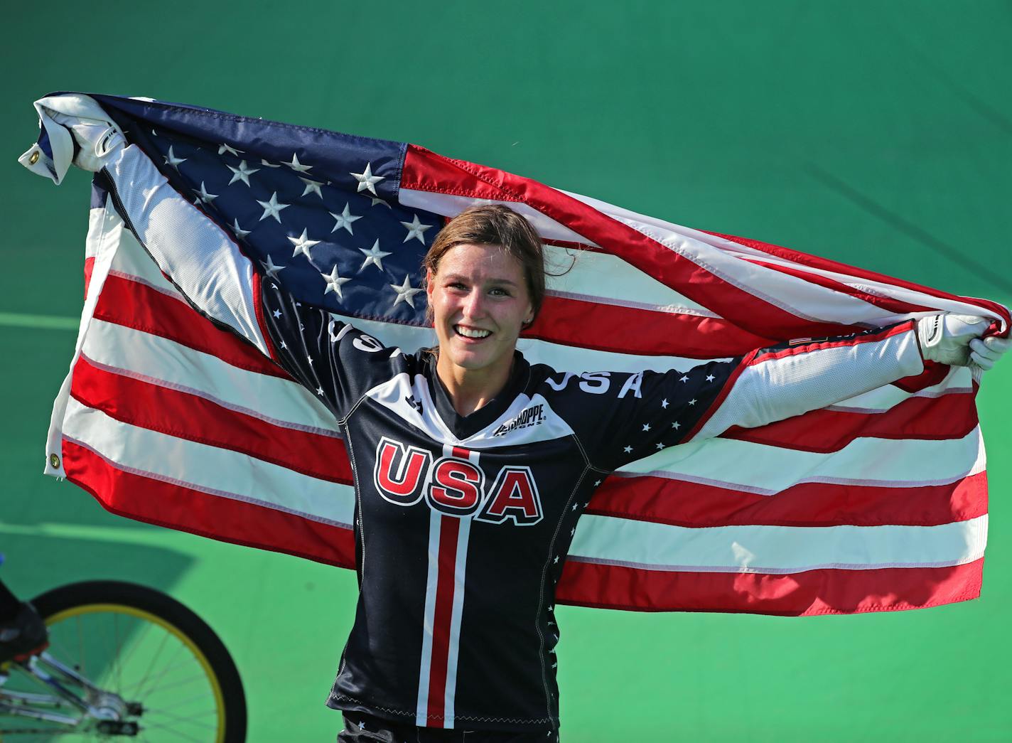 St. Cloud's Alise Post celebrates after riding to a silver medal in the women's BMX cycling Friday afternoon during the 2016 Summer Olympics in Rio de Janeiro, Brazil ] 2016 Summer Olympic Games - Rio Brazil brian.peterson@startribune.com Rio de Janeiro, Brazil - 08/19/2016