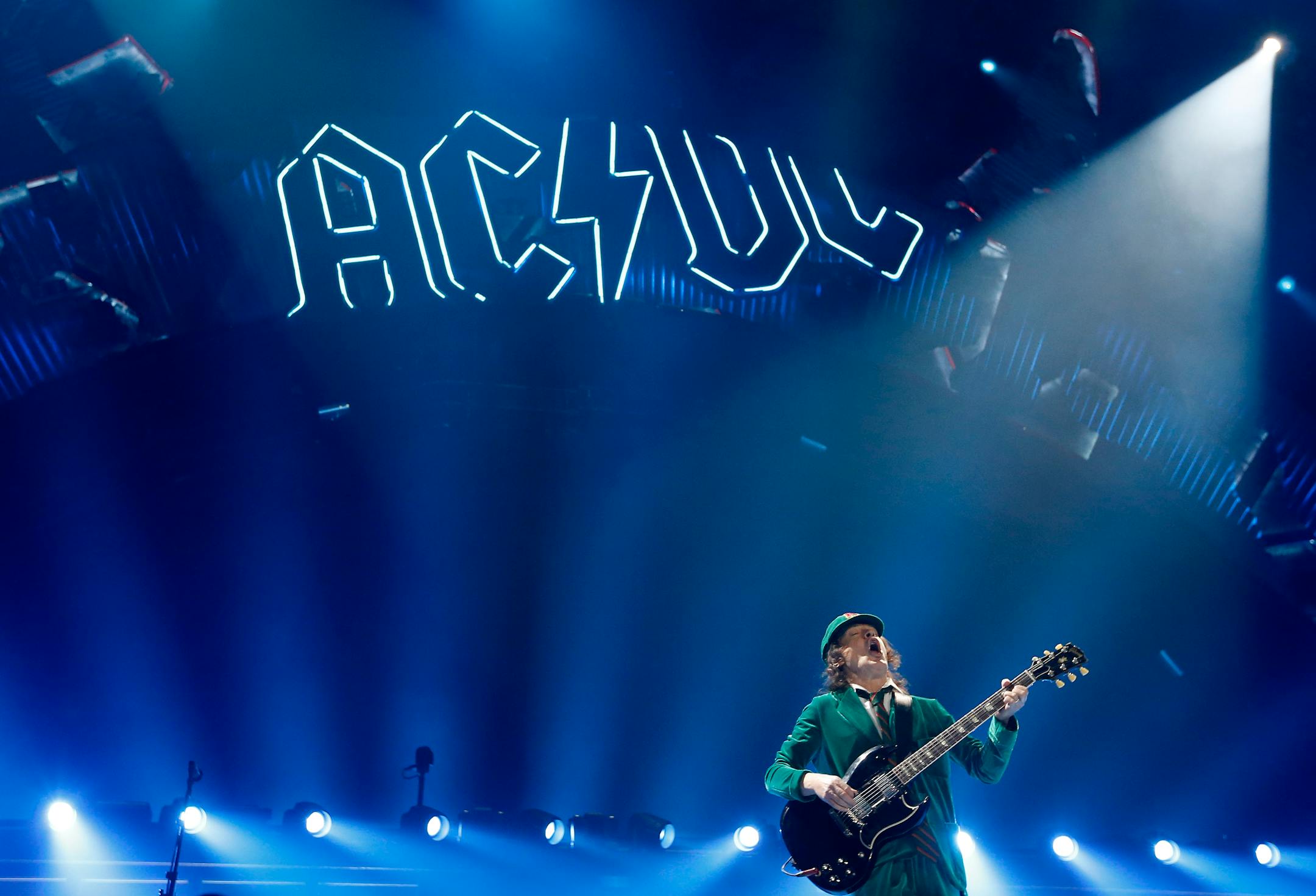 Lead guitar player Angus Young of AC/DC performed at the Xcel Energy Center on Sunday night. ] CARLOS GONZALEZ cgonzalez@startribune.com - February 14, 2016, New St. Paul, MN, Xcel Energy Center, AC/DC Concert