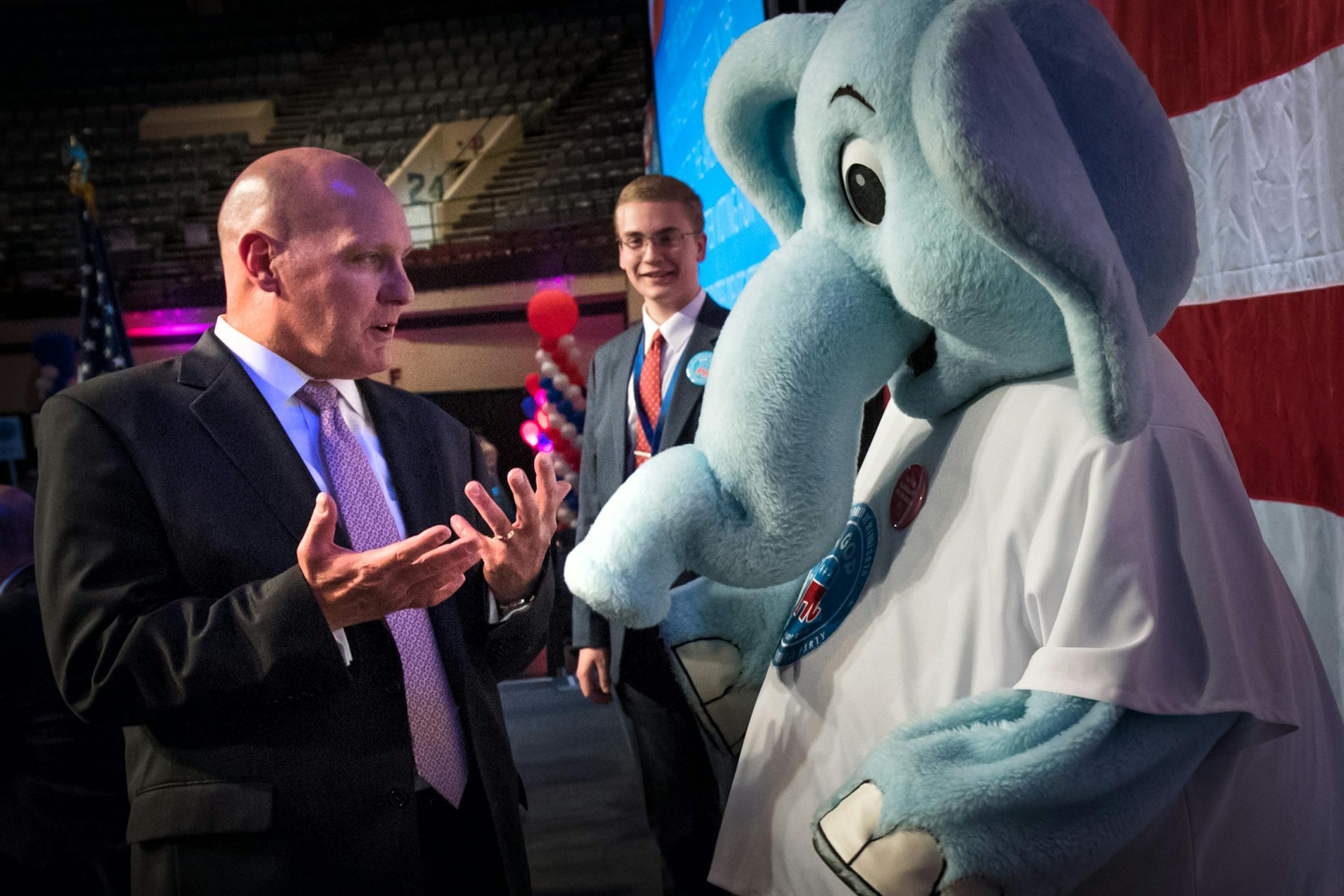 Convention Chair Senator Dave Thompson joked with the GOP Elephant mascot who stayed in character and didn't speak. ] GLEN STUBBE * gstubbe@startribune.com Saturday, May 21, 2016 DULUTH -- GOP activists gathered at the state Republican convention convene on Saturday to finalize the slate of national delegates headed to Cleveland in July for the national convention. It could bring a clash between pro- and anti-Trump forces within the Republican tent.