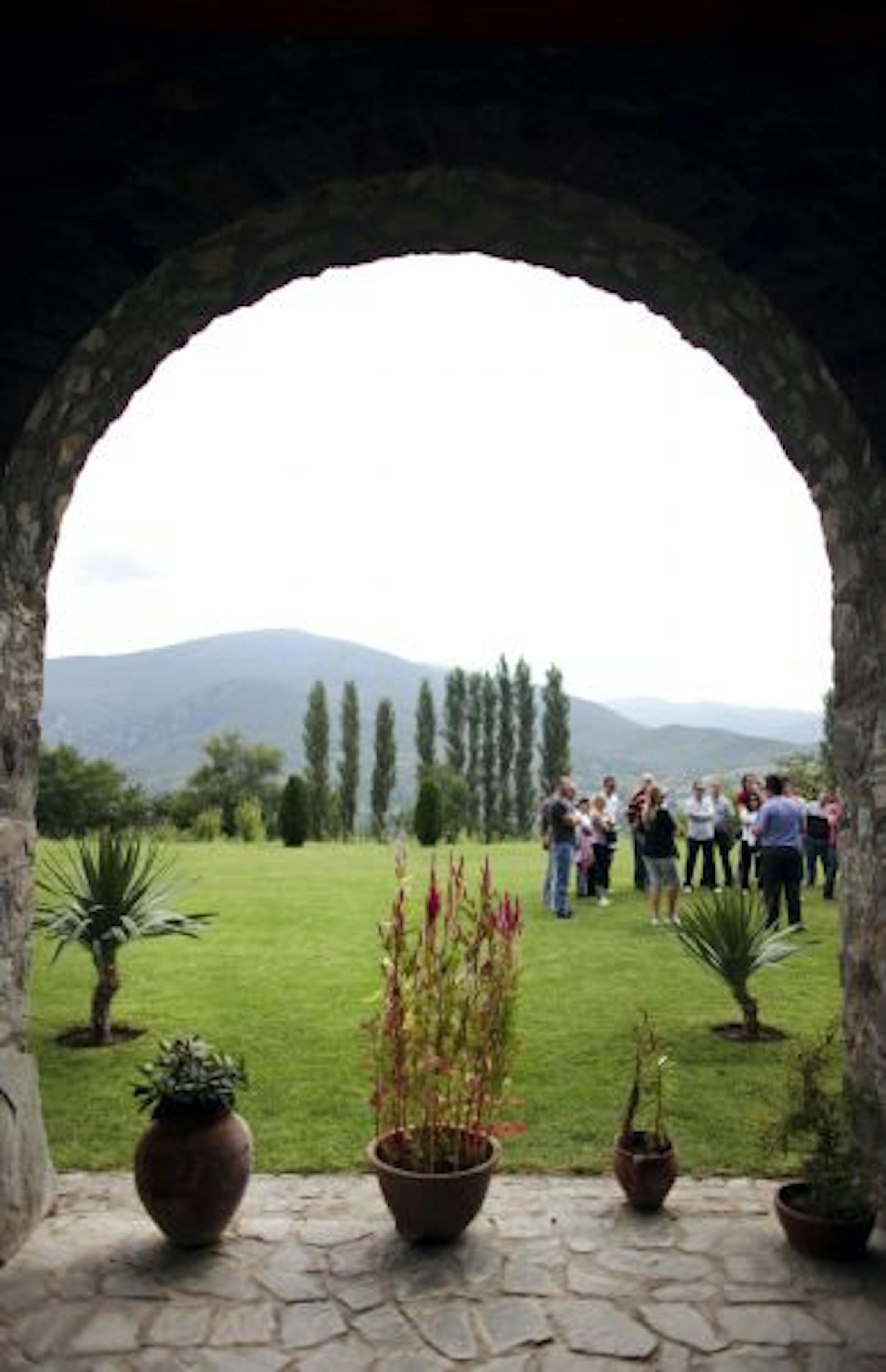 The Popova Kula Winery in Demir Kapija, Macedonia. A hotel on the grounds is topped by a tower that provides 360-degree views of the valley and distant mountains.