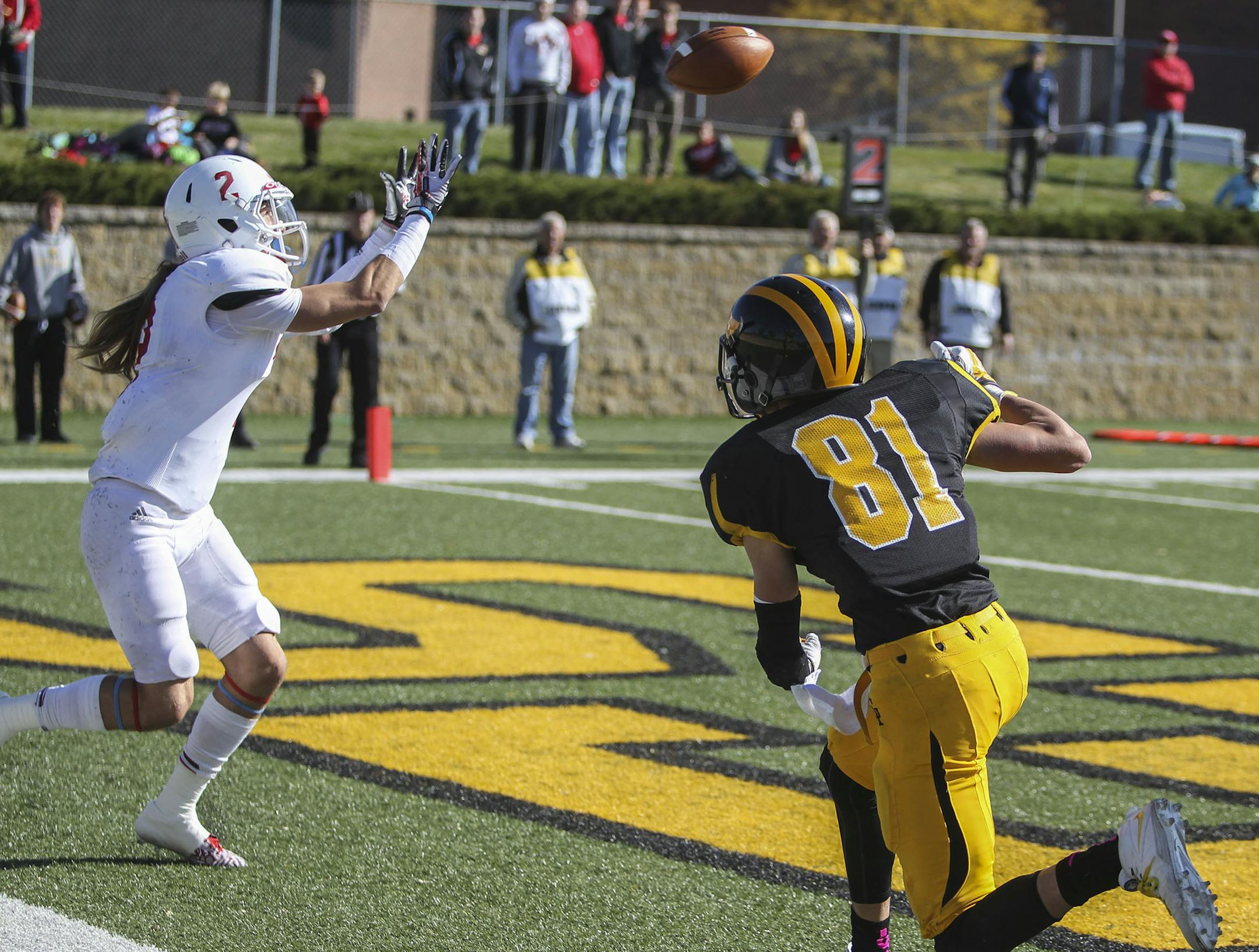St. John's defensive back Trevor Warner (2) picks off a pass in the endzone intended for Gustavus receiver Matt Boyce (81) during the second quarter Saturday, Oct. 18, 2014, at Hollingsworth Field in St. Peter, MN.](DAVID JOLES/STARTRIBUNE)djoles@startribune.com St. John's at Gustavus football game** Trevor Warner, Matt Boyce,cq