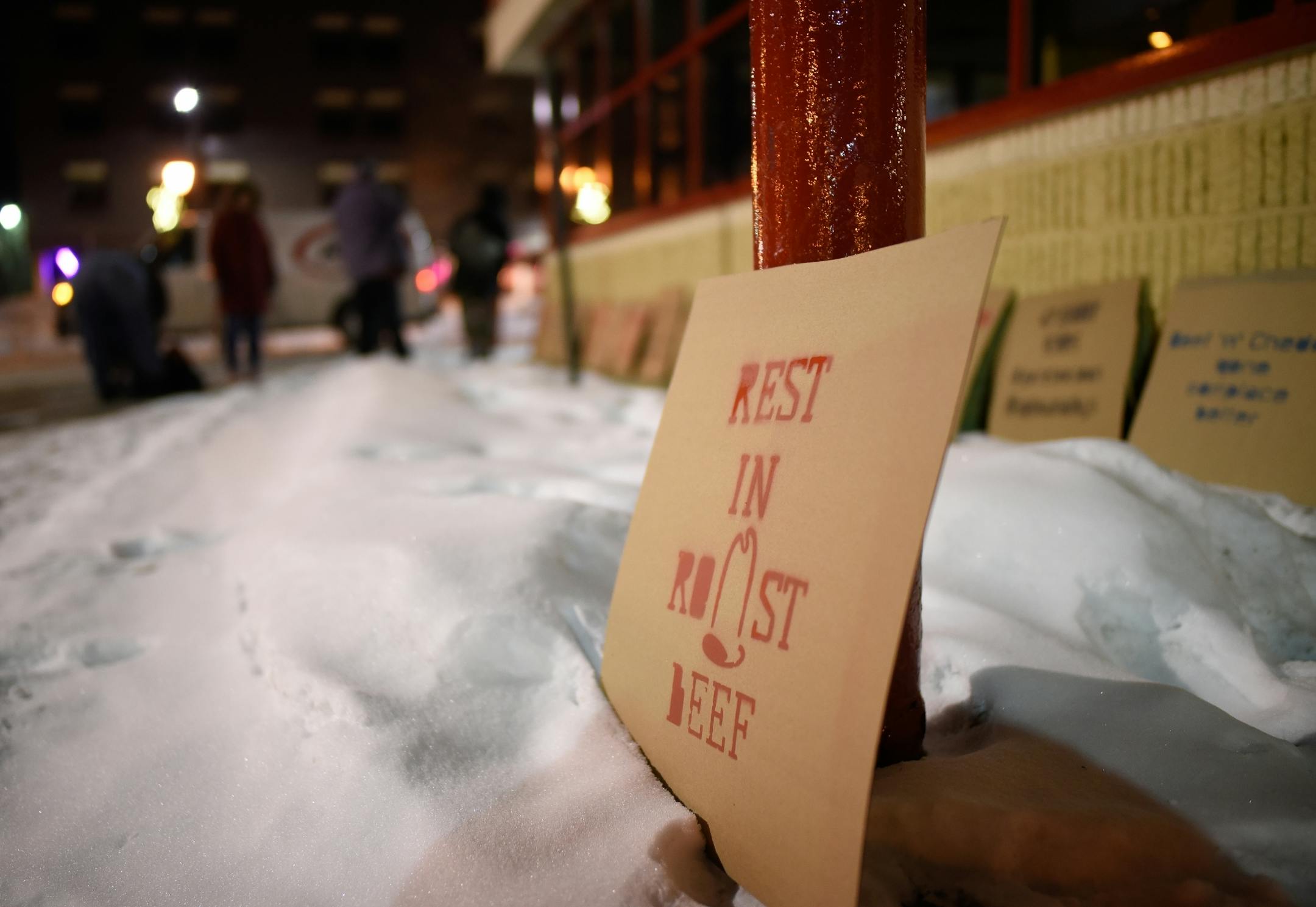 A "Rest in Roast Beef" sign was placed near the now-closed Uptown Arby's.