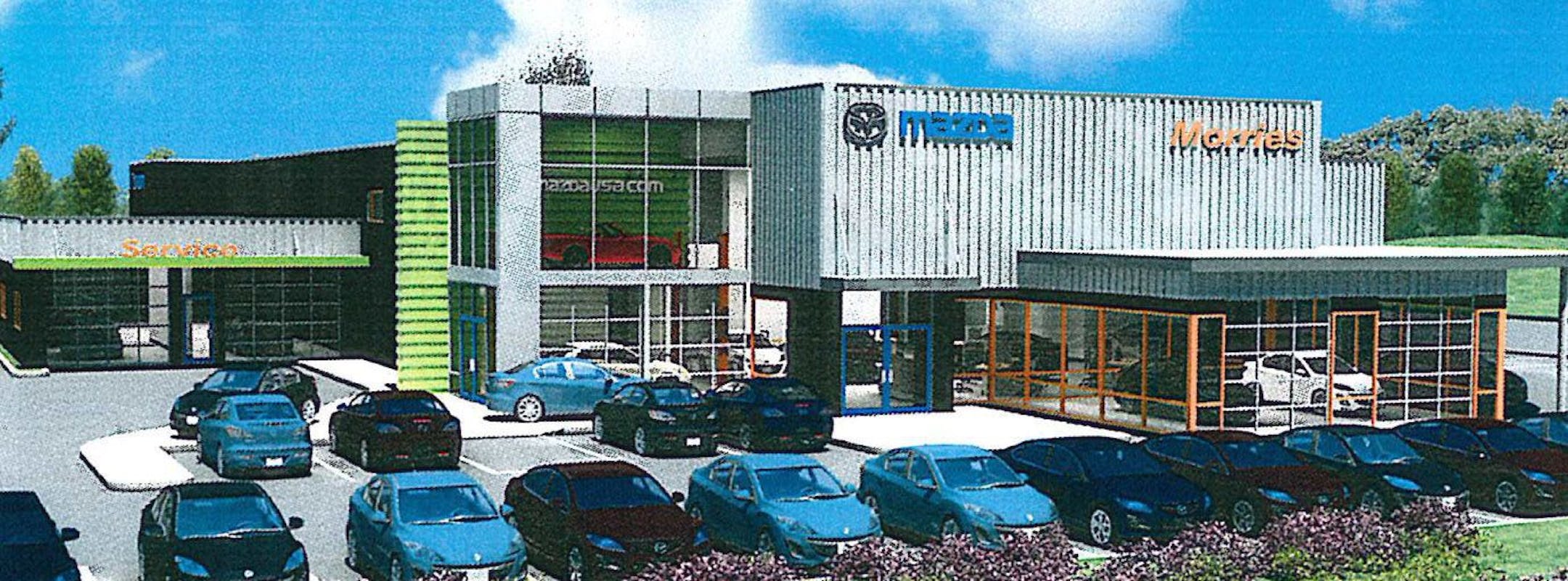 rendering of rennovation of Morrie's Inver Grove Mazda. graphic courtesy of Darwin Lindahl Architects