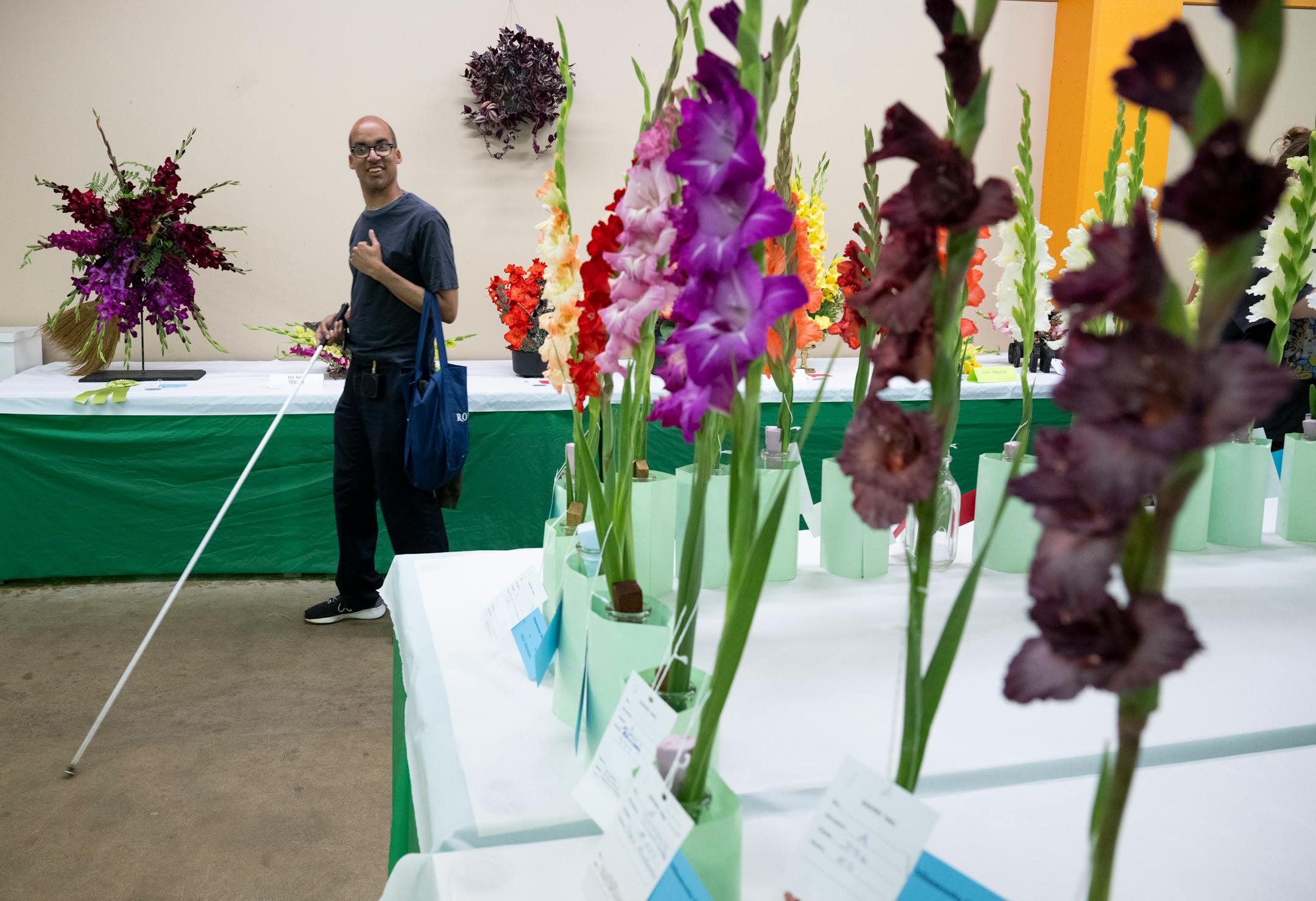Paivy Ballayan, 40, of Roseville, explores the Agriculture/Horticulture Building's flower exhibits.