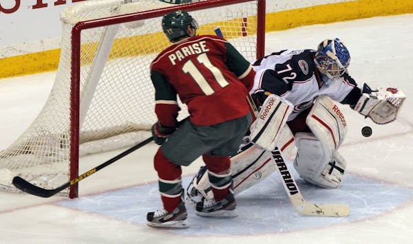 Zach Parise missed on a shoot out attempt as Columbus goalie Sergei Bobrovsky gathered in the puck.