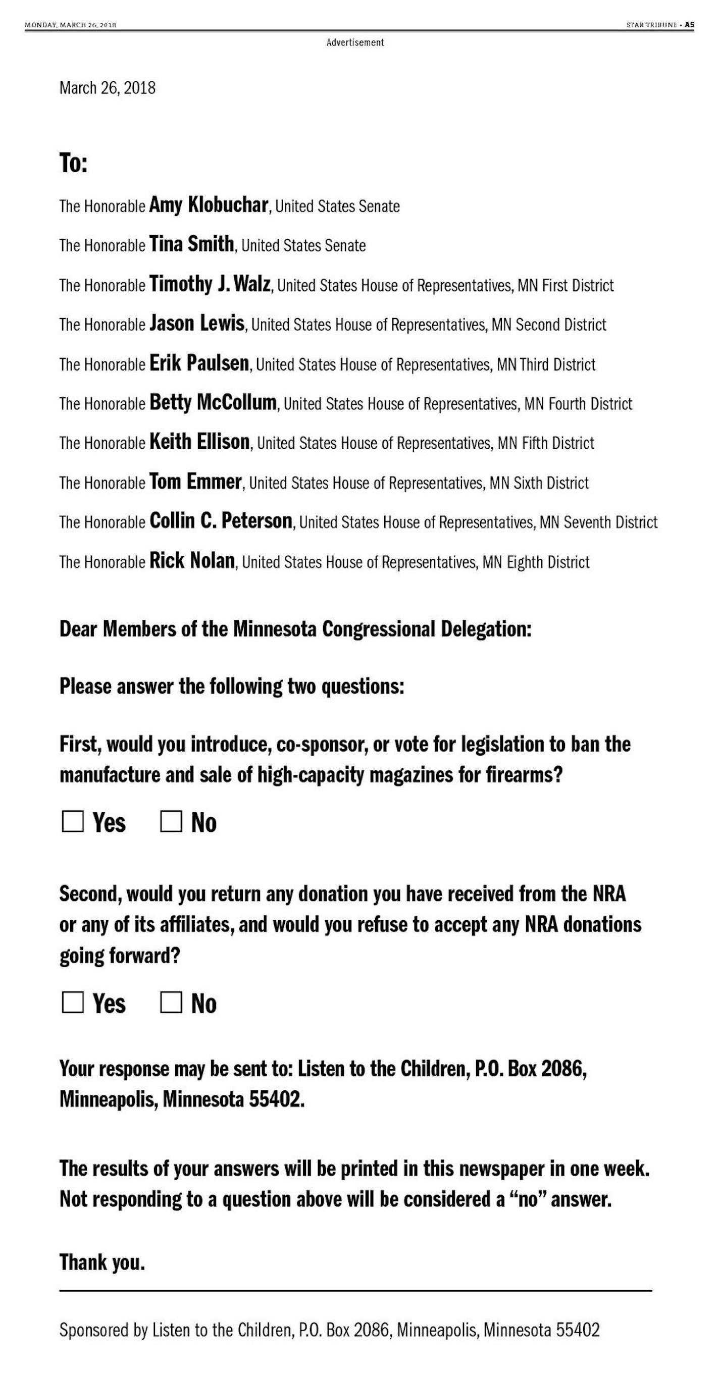 An ad in the March 26, 2018 Star Tribune calls out Minnesota's congressional delegation over gun control.