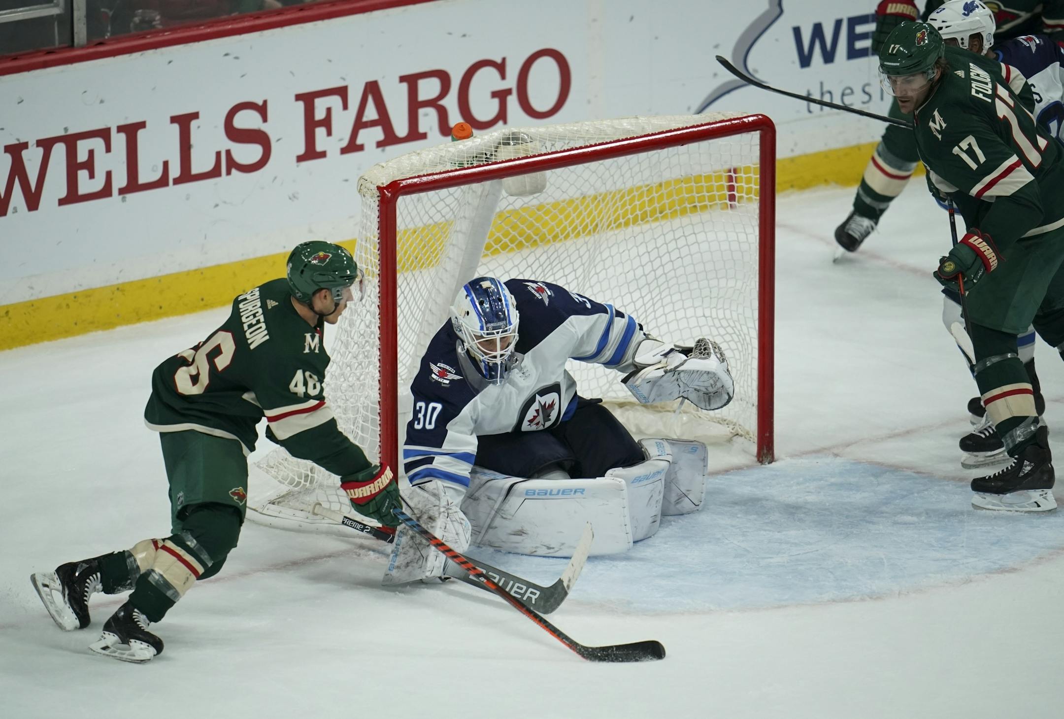 Minnesota Wild defenseman Jared Spurgeon (46) set up his game winning shot on Winnipeg Jets goaltender Laurent Brossoit in the third period.