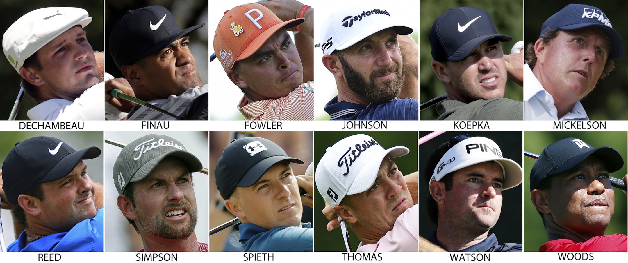 FILE - These are 2018 file photos showing members of the United States Ryder Cup team. They are Bryson Dechambeau, Tony Finau, Rickie Fowler, Dustin Johnson, Brooks Koepka, Phil Mickelson, Patrick Reed, Webb Simpson, Jordan Spieth, Justin Thomas, Bubba Watson and Tiger Woods. (AP Photo/File)