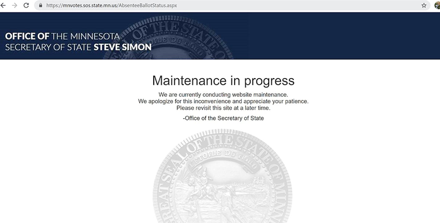 The Minnesota secretary of state's website was down Saturday morning.