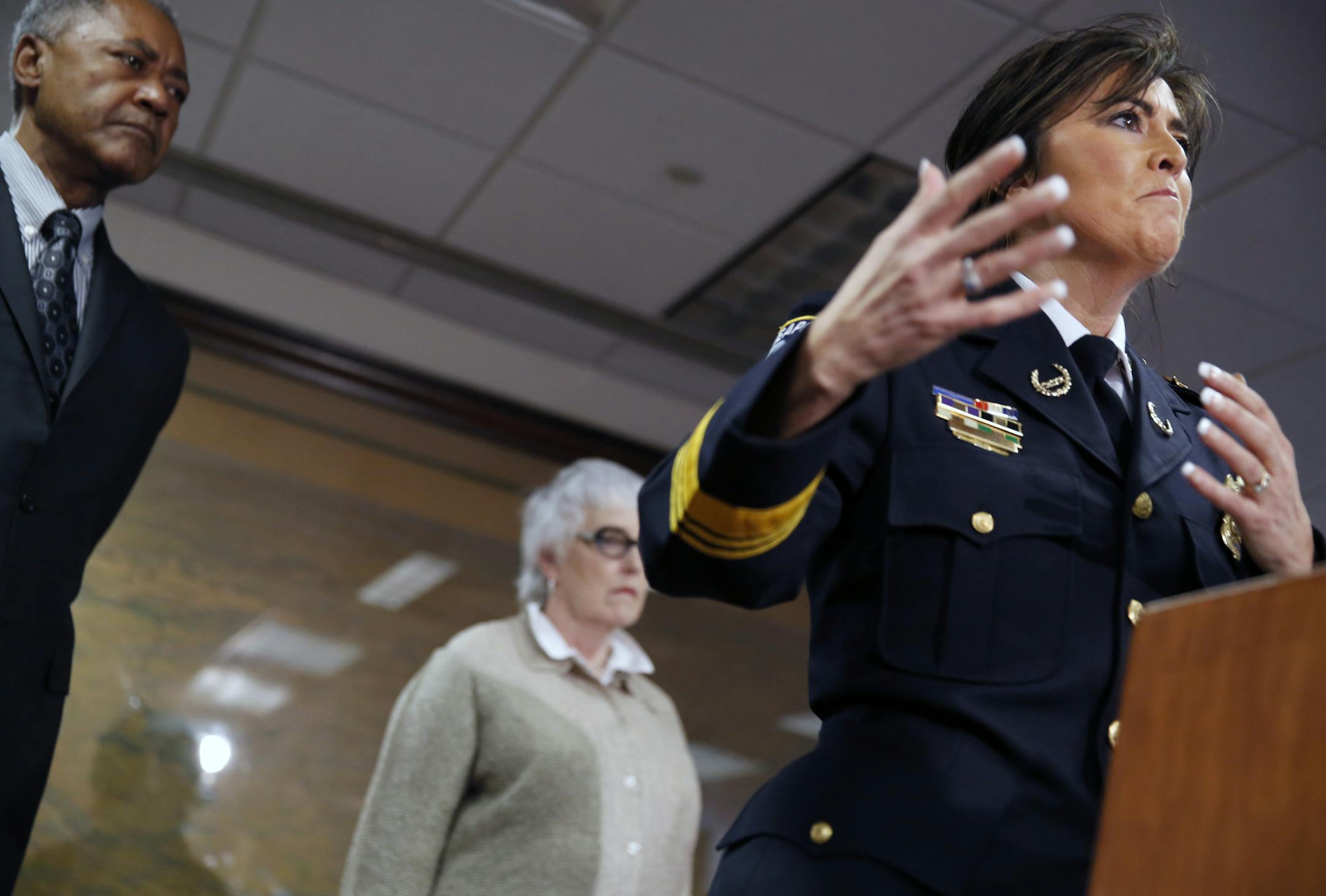 At Minneapolis City Hall, chief of police Janee Harteau addressed the media regarding a police vehicle on the way to a burglary that went through a red light killing a motorcyclist .City Council members Don Samuelson and Meg Tuthill are behind her .]rtsong-taatarii@startribune.com