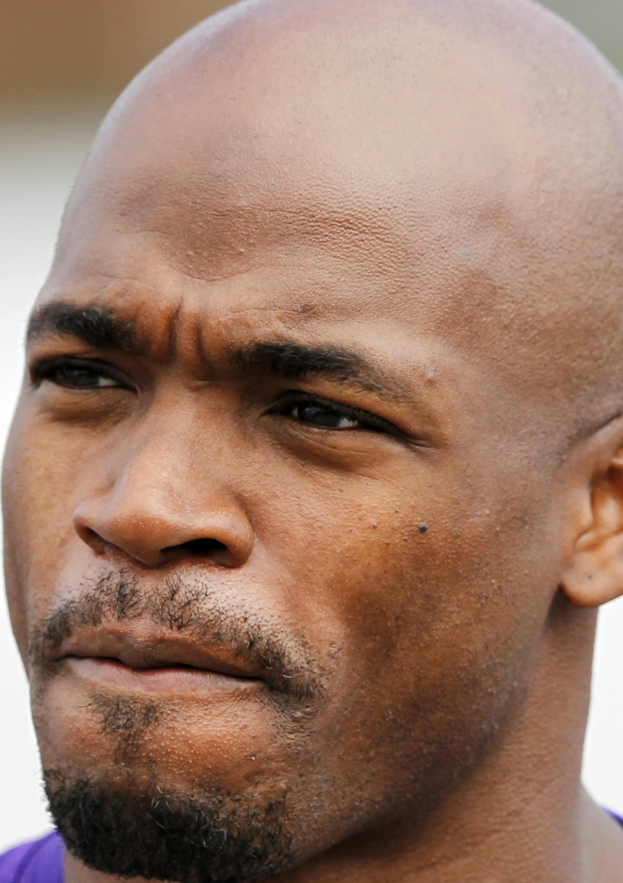 Minnesota Vikings running back Adrian Peterson (28) during the first day of the NFL teams training camp at Mankato State University in Mankato, Minn. on Friday, July, 29, 2016.(AP Photo/Andy Clayton-King)