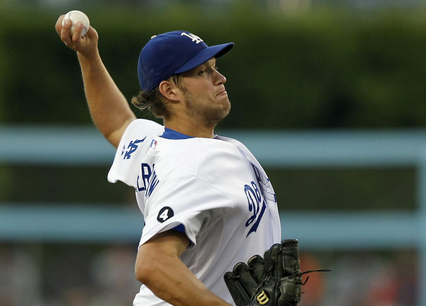 Los Angeles Dodgers starting pitcher Clayton Kershaw works against the Detroit Tigers during the first inning of an interleague baseball game in Los Angeles, Monday, June 20, 2011. (AP Photo/Alex Gallardo) ORG XMIT: MIN2013083020362485