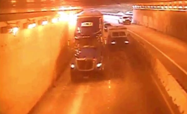 A truck smashes dozens of lights in the Lowry Hill Tunnel.