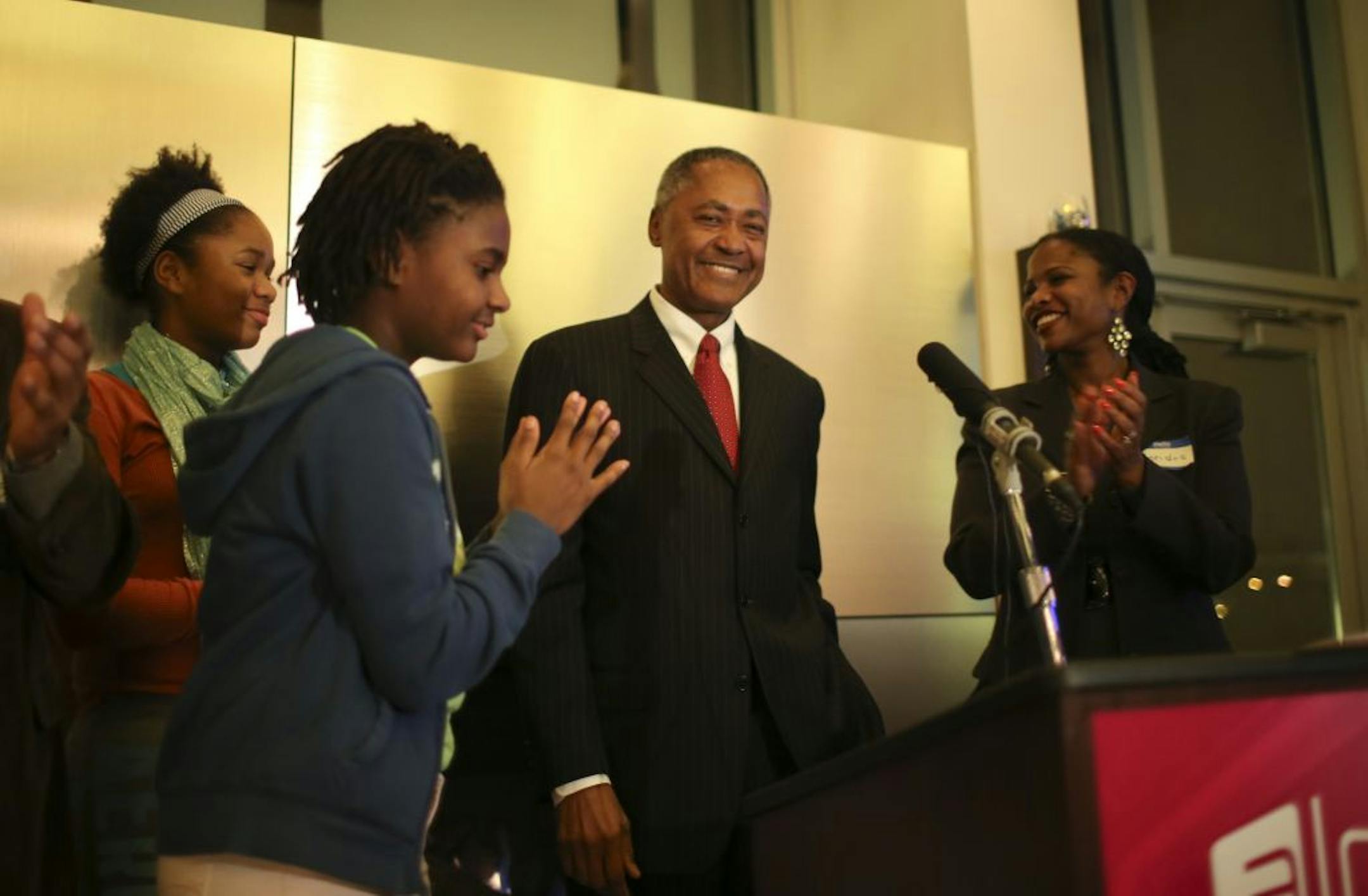 Minneapolis City Council member Don Samuels threw his hat into the mayoral ring with his announcement Wednesday night, January 30, 2013 at the Aloft Minneapolis hotel. Don Samuels was all smiles after he announced that he would seek the job of Mayor of Minneapolis Minneapolis Mayor's office Wednesday night at the Aloft Minneapolis hotel. With him were his daughters Asante, left, Amani, and his wife, Sondra, at right.
