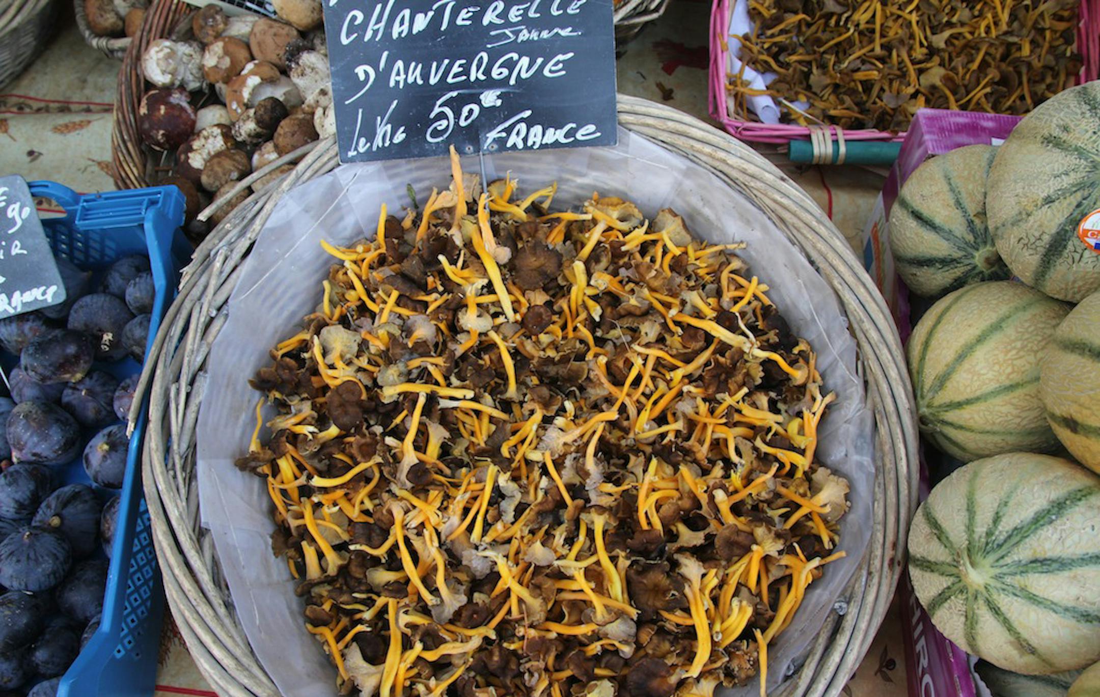 A basket of chanterelle mushrooms at the Beaune Saturday farmer's market. ] Photo by Alexander Besant, Hearst Newspapers