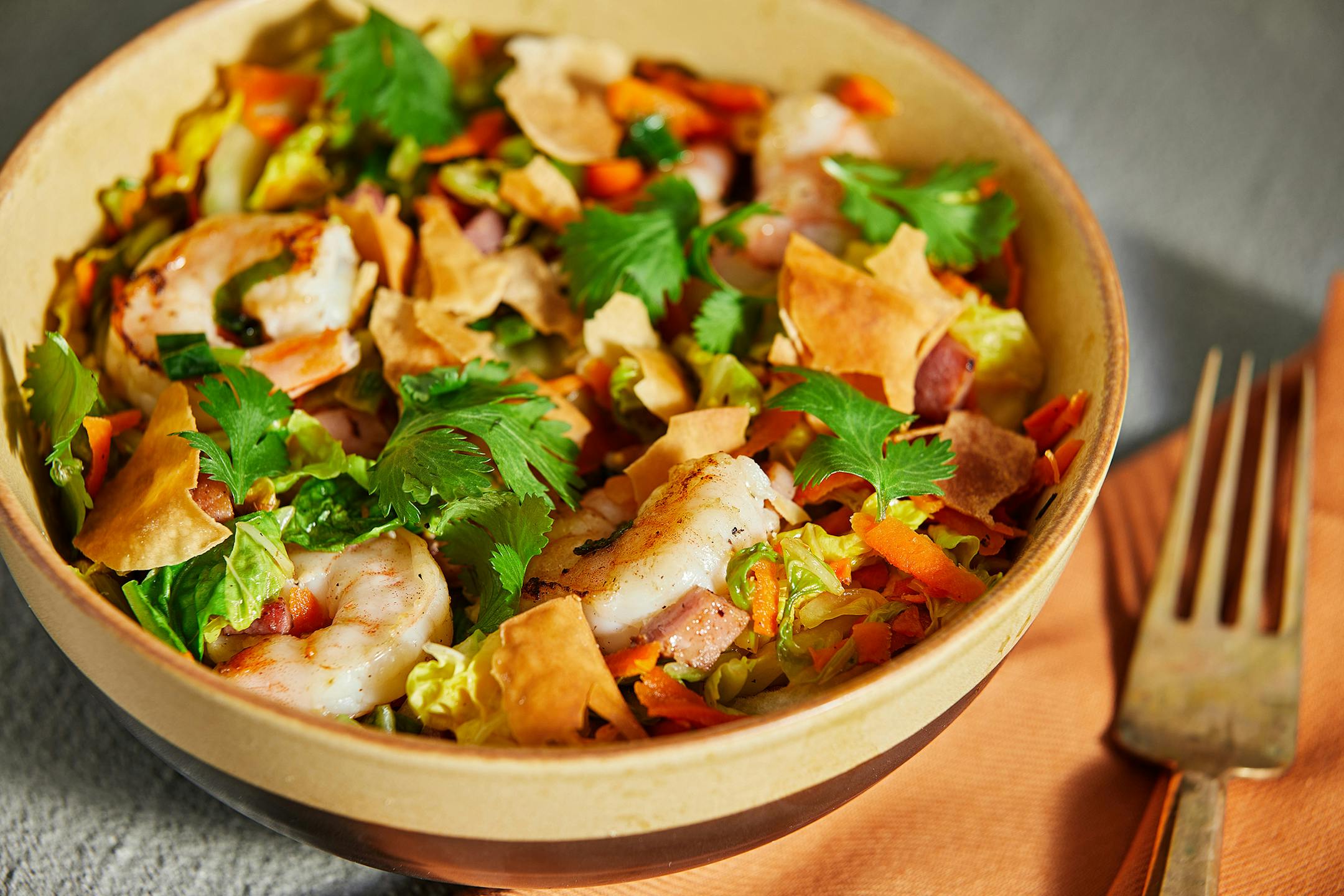 Shrimp spring rolls inspired these crunchy dinner bowls. MUST CREDIT: Photo for The Washington Post by Tom McCorkle