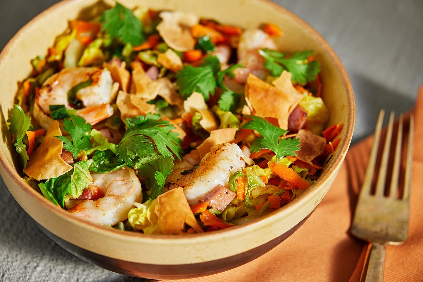 Shrimp spring rolls inspired these crunchy dinner bowls. MUST CREDIT: Photo for The Washington Post by Tom McCorkle