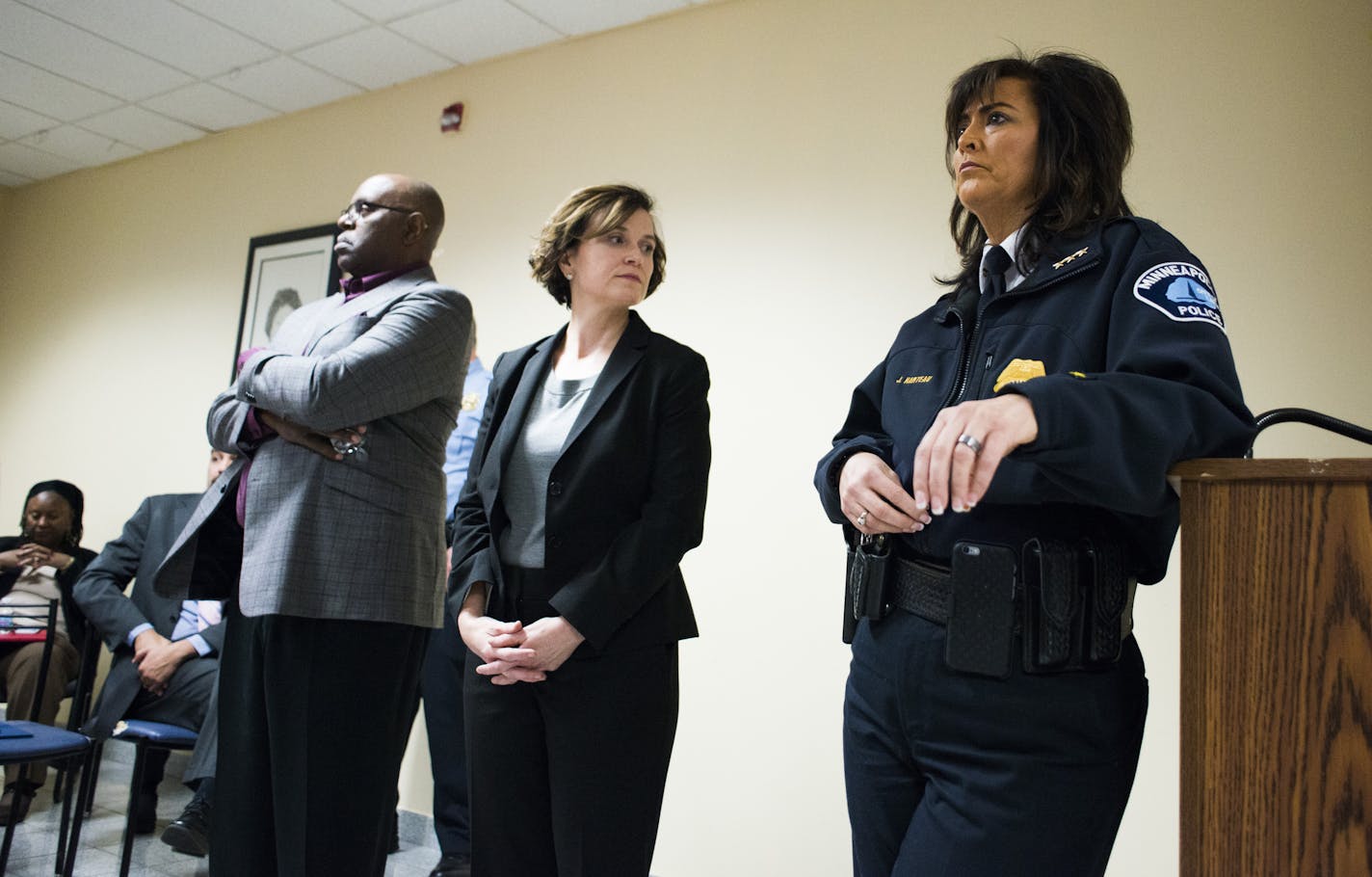 Protestors interrupted a meeting at the Minneapolis Urban League where Mayor Betsy Hodges and Police Chief Jane&#xc8; Harteau addressed community members. ] Mark Vancleave - mark.vancleave@startribune.com * Neighbors and community members gathered at the scene where a man was shot and wounded by a Minneapolis Police officer early Sunday morning on the 1600 block of Plymouth Ave. N on Nov. 15, 2015.