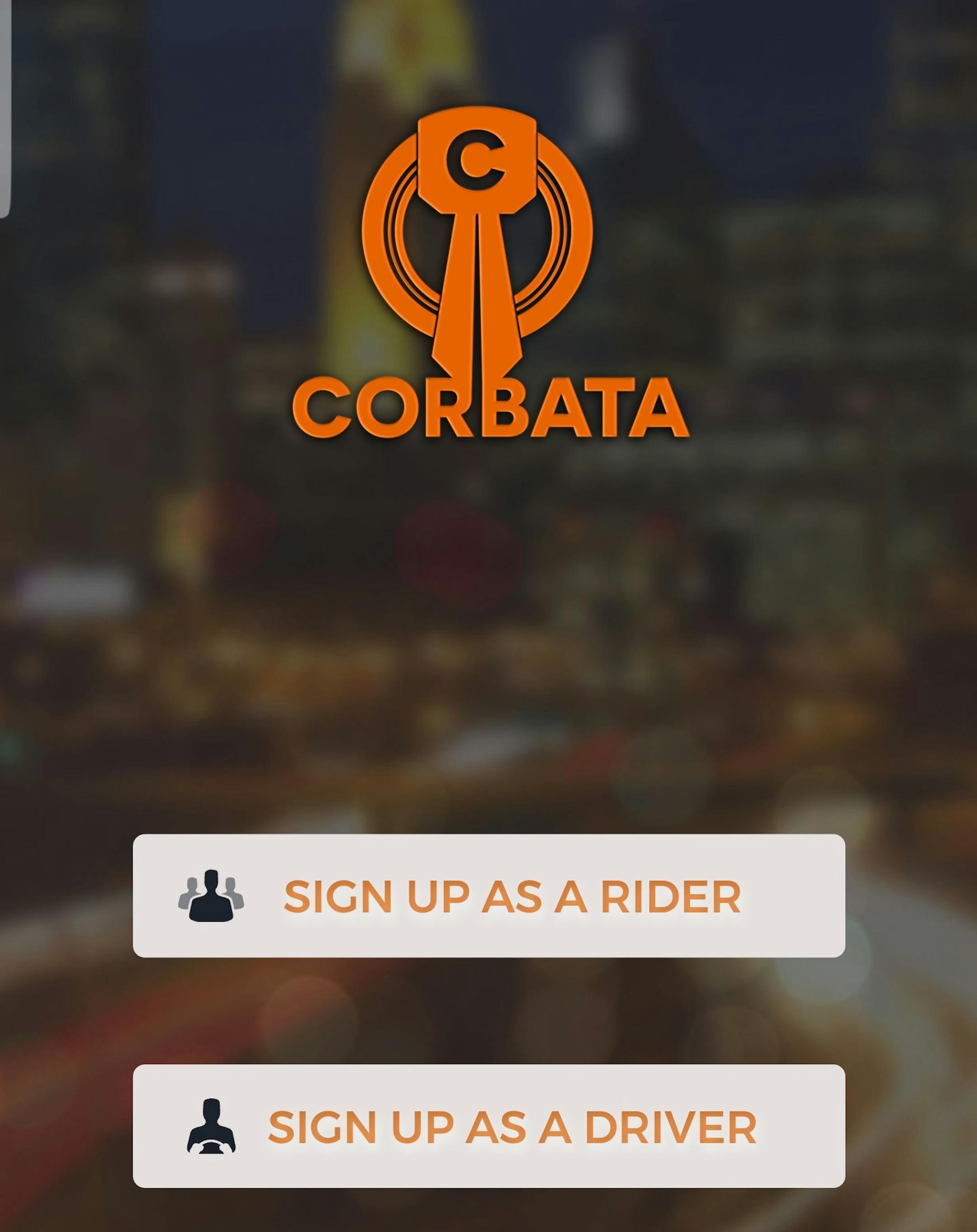 A prototype of mobile app that is being designed for use by Corbata, a startup ridesharing service.