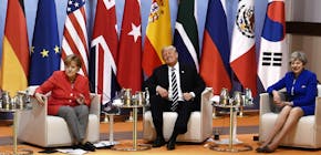 From left: Argentina's President Mauricio Macri, German Chancellor Angela Merkel, US President Donald Trump and Britain's Prime Minister Theresa May a