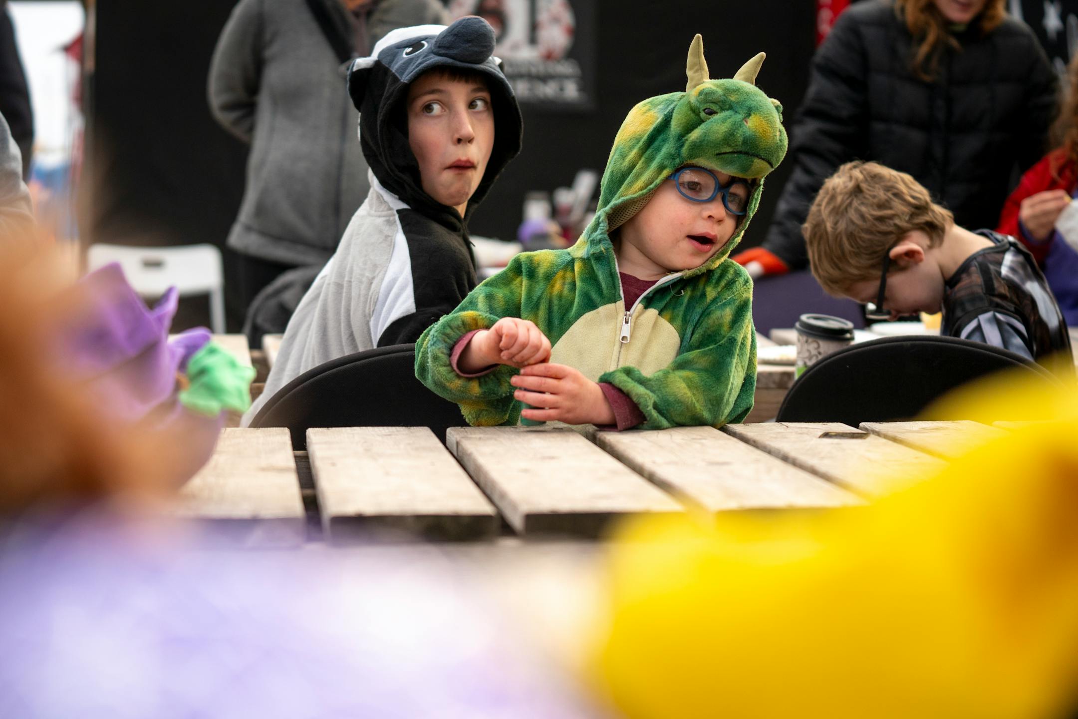Cole Matock (left), 10, and Matt Sierra, 5, admire the dog costumes on display at the Pawsitive Perspectives Assistance Dogs (PawPADs) booth at Cottage Grove's Fall Fun Days.
