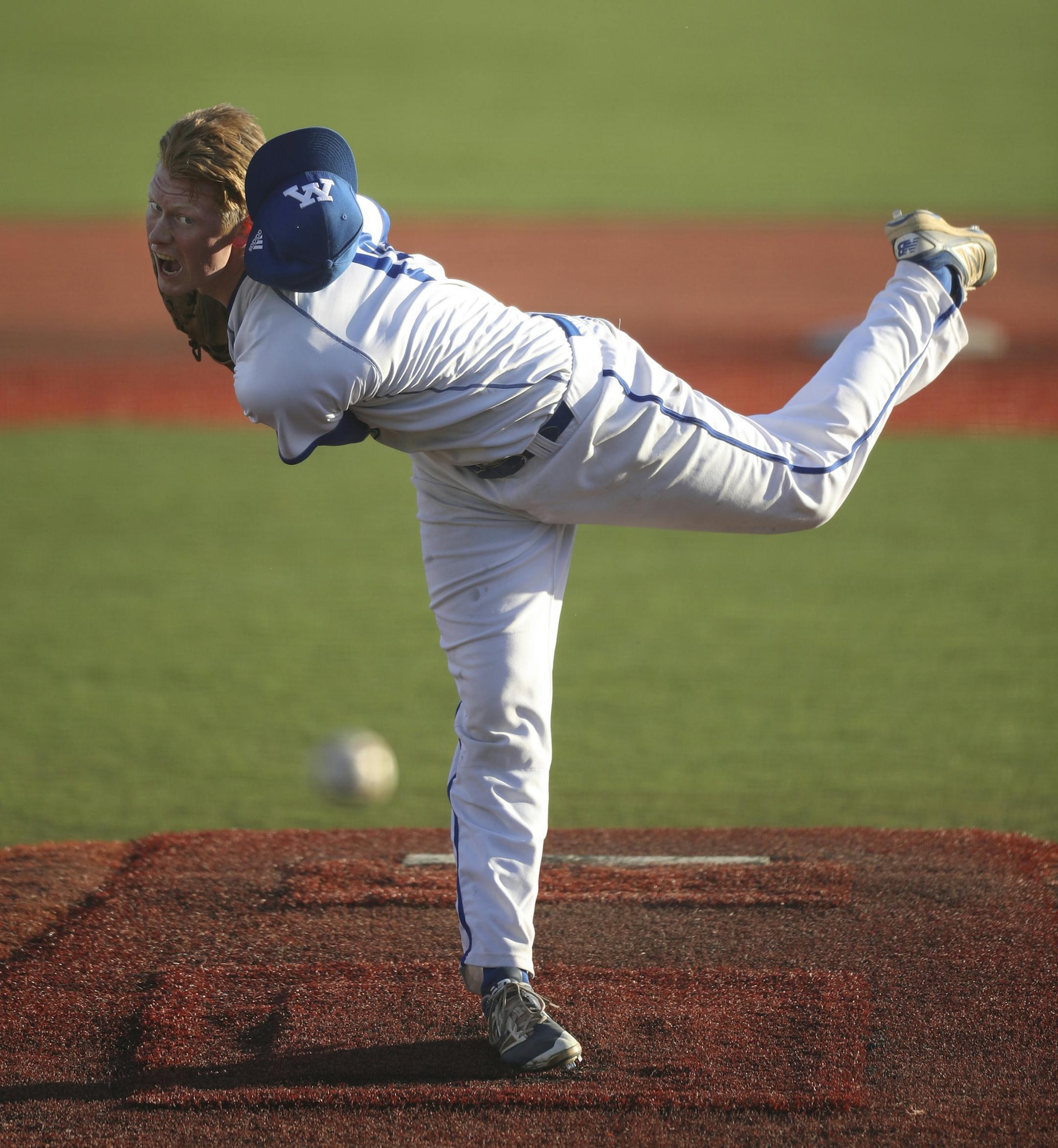 Minnetonka pitcher Nick Lommen followed through on the mound while throwing against Champlin Park. He pitched 6 1/3 innings and held the Rebels to one run. ] JEFF WHEELER ï jeff.wheeler@startribune.com Minnetonka defeated Champlin Park 2-1 in baseball Wednesday evening, April 25, 2018 at Veterans Field in Minnetonka.
