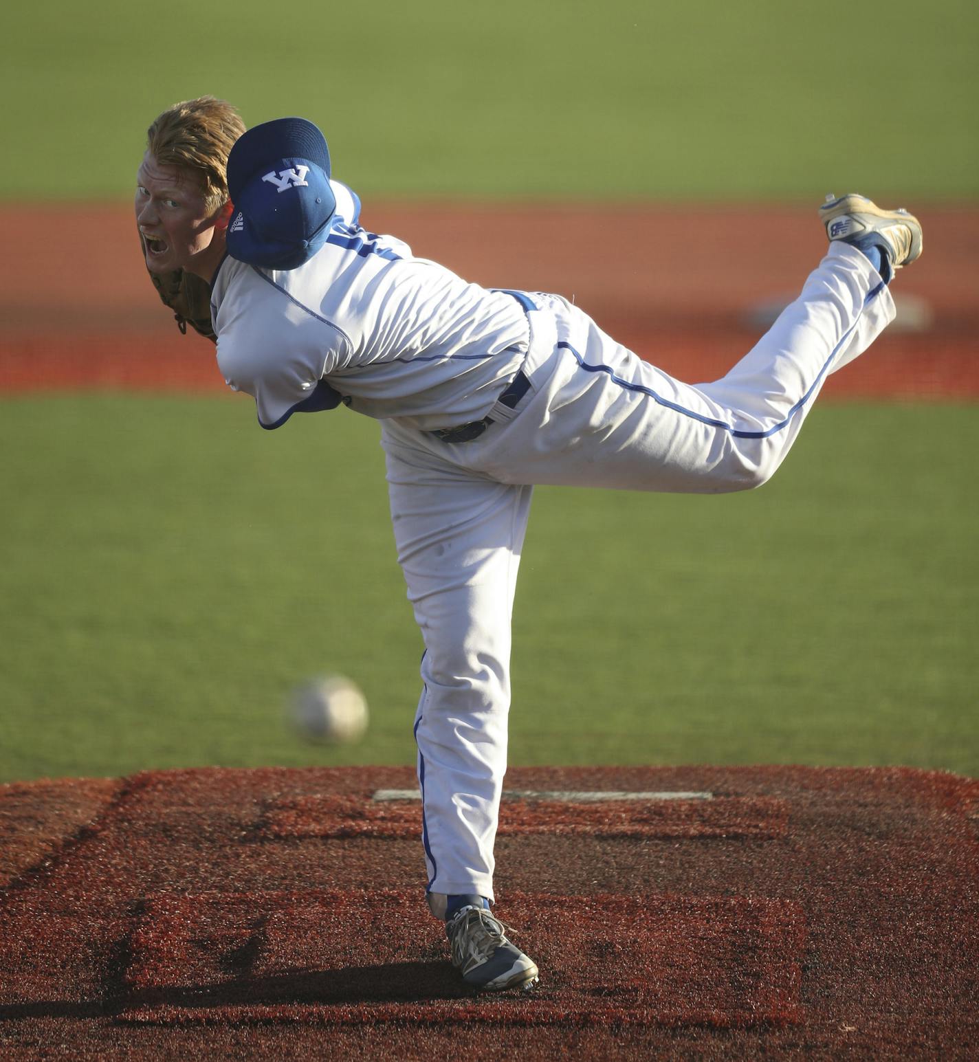 Minnetonka pitcher Nick Lommen followed through on the mound while throwing against Champlin Park. He pitched 6 1/3 innings and held the Rebels to one run. ] JEFF WHEELER &#xef; jeff.wheeler@startribune.com Minnetonka defeated Champlin Park 2-1 in baseball Wednesday evening, April 25, 2018 at Veterans Field in Minnetonka.