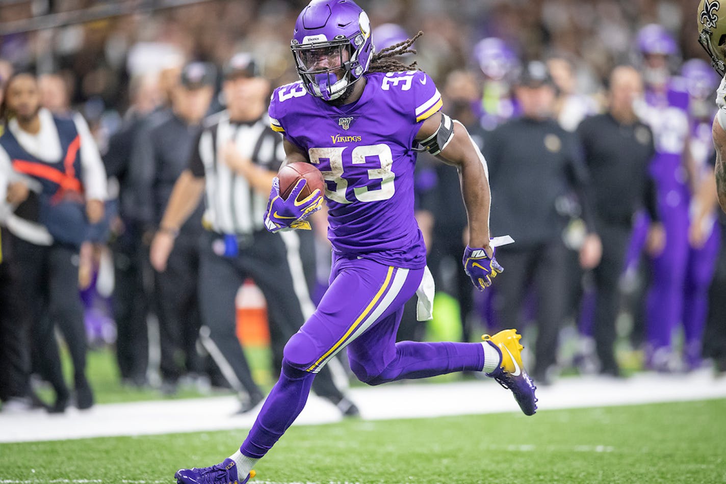 Minnesota Vikings running back Dalvin Cook broke a tackle and ran just short of the end zone in the second quarter against New Orleans.