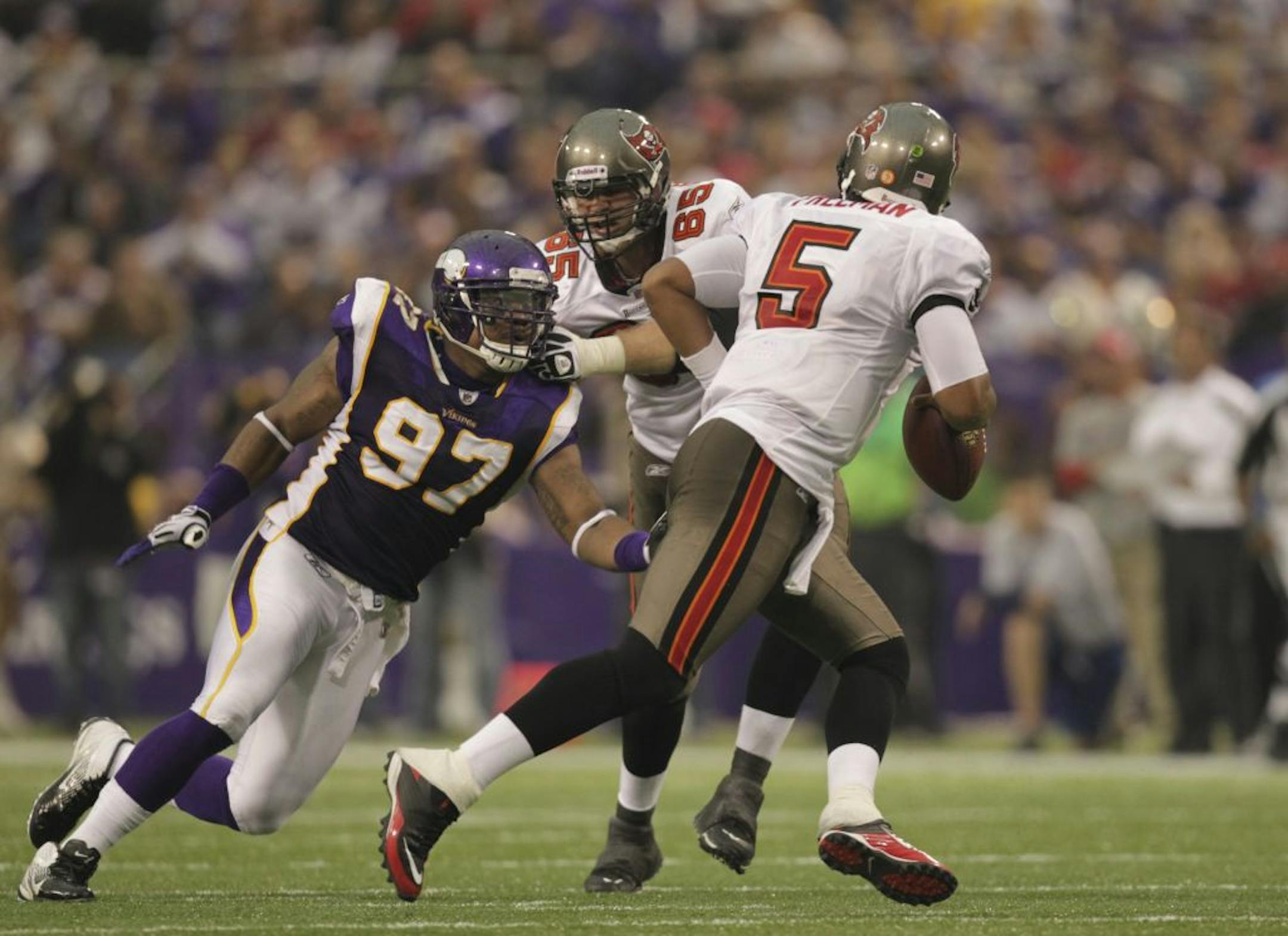 Minnesota defensive end Everson Griffen pressured Tampa Bay quarterback Josh Freeman in the fourth quarter. The Vikings lost to the Tampa Bay Buccaneers 23-20 in their home opener Sunday afternoon, September 18, 2011 at Mall of America Field in Minneapolis, Minn.