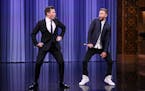 THE TONIGHT SHOW STARRING JIMMY FALLON -- Episode 0325 -- Pictured: (l-r) Host Jimmy Fallon and singer Justin Timberlake perform History of Rap 6 on S