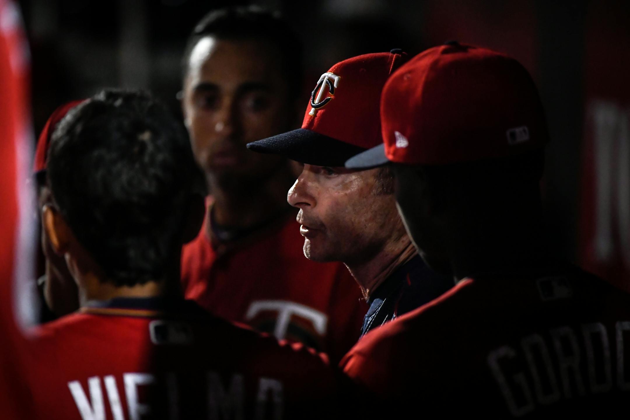 Minnesota Twins manager Paul Molitor (4) talked to players in the dugout during the bottom of the eighth inning.