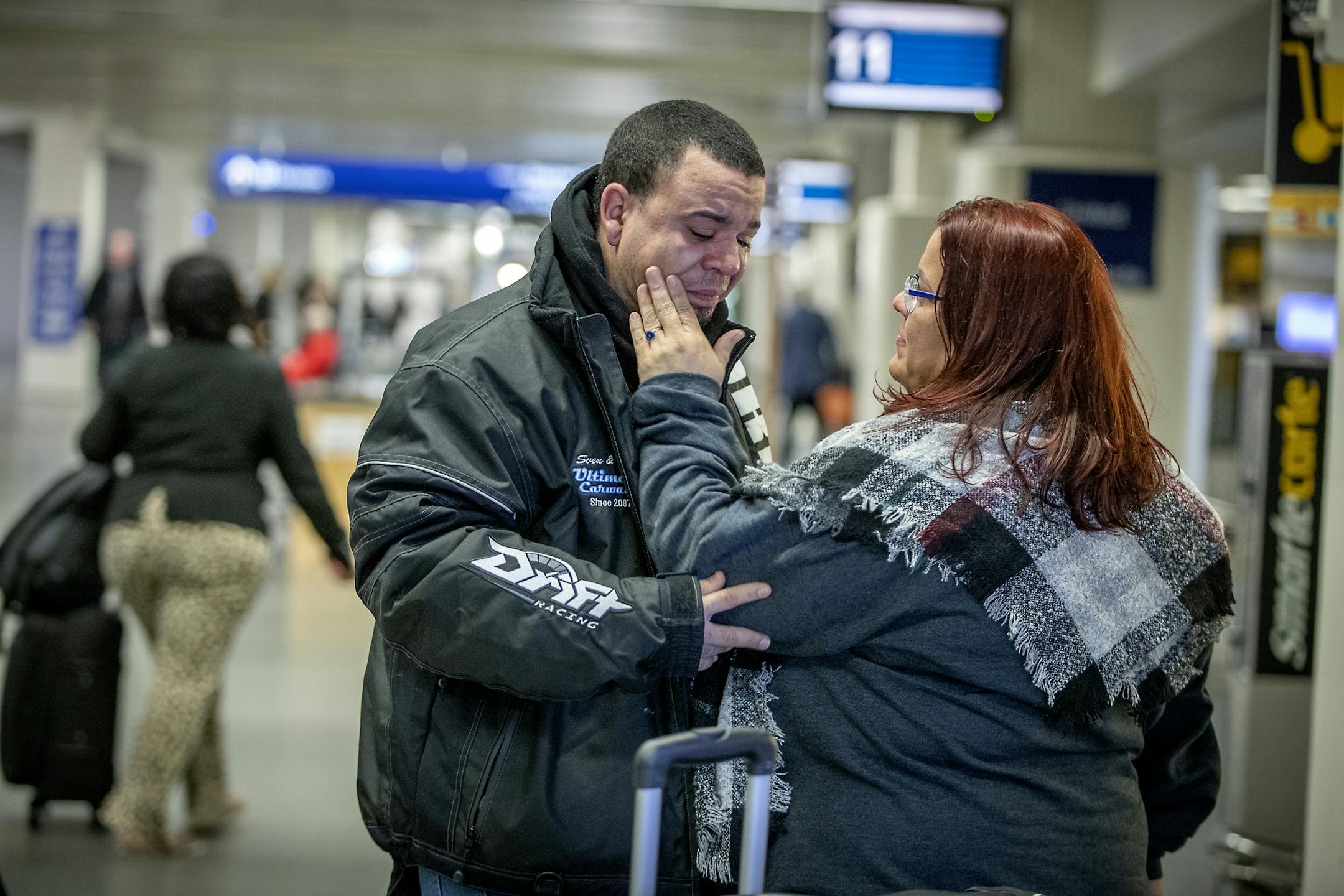 Christopher Roca, who currently works the overnight sift at Polaris, tearfully greeted his children and wife Sheila Rivera, as they arrived at Minneapolis-St. Paul International Airport from San Juan, Puerto Rico, Saturday, February 29, 2020 in Bloomington, MN.