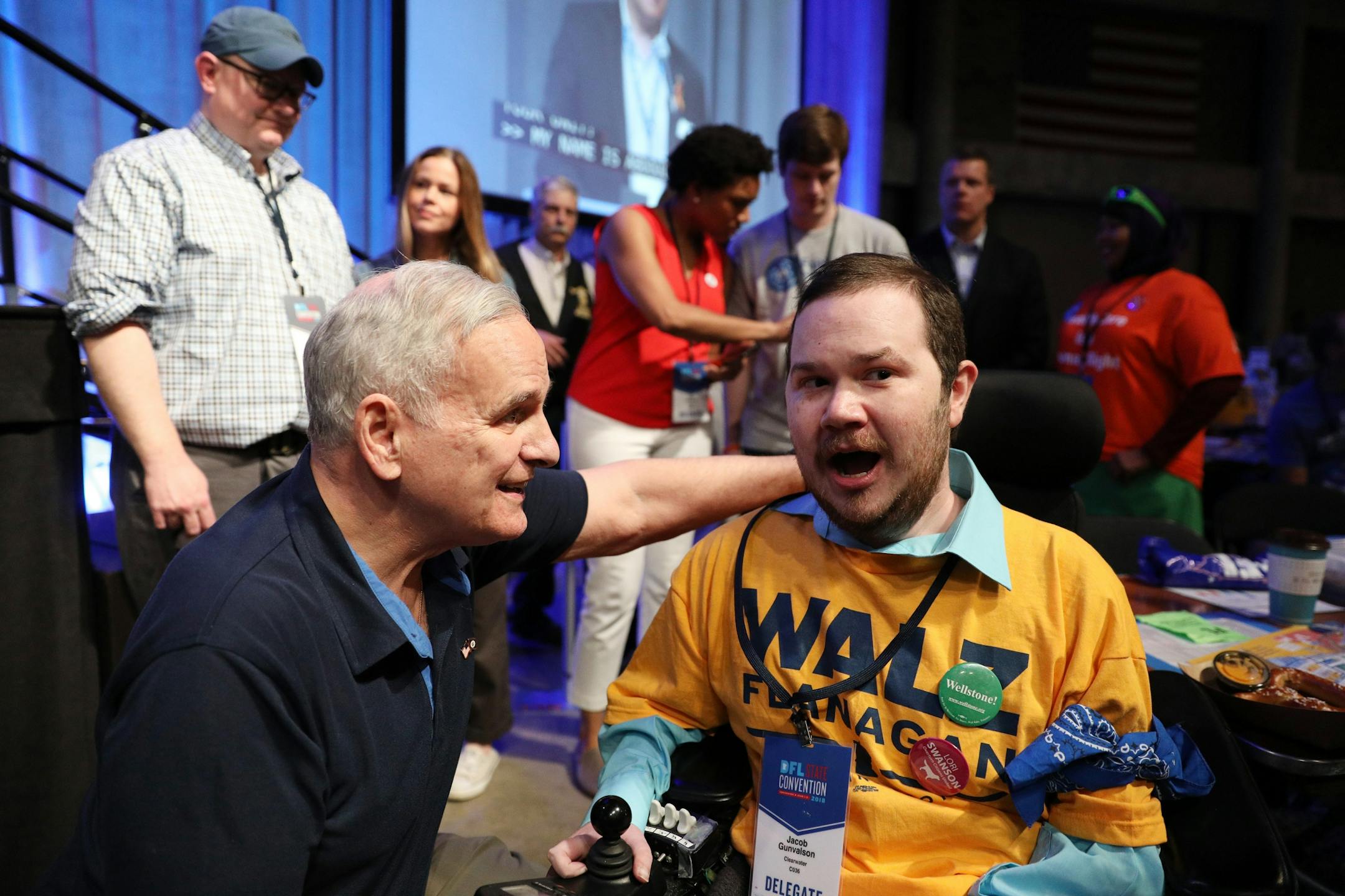 Gov. Mark Dayton greeted supporter Jacob Gunvalson after speaking at the DFL State Convention Saturday.