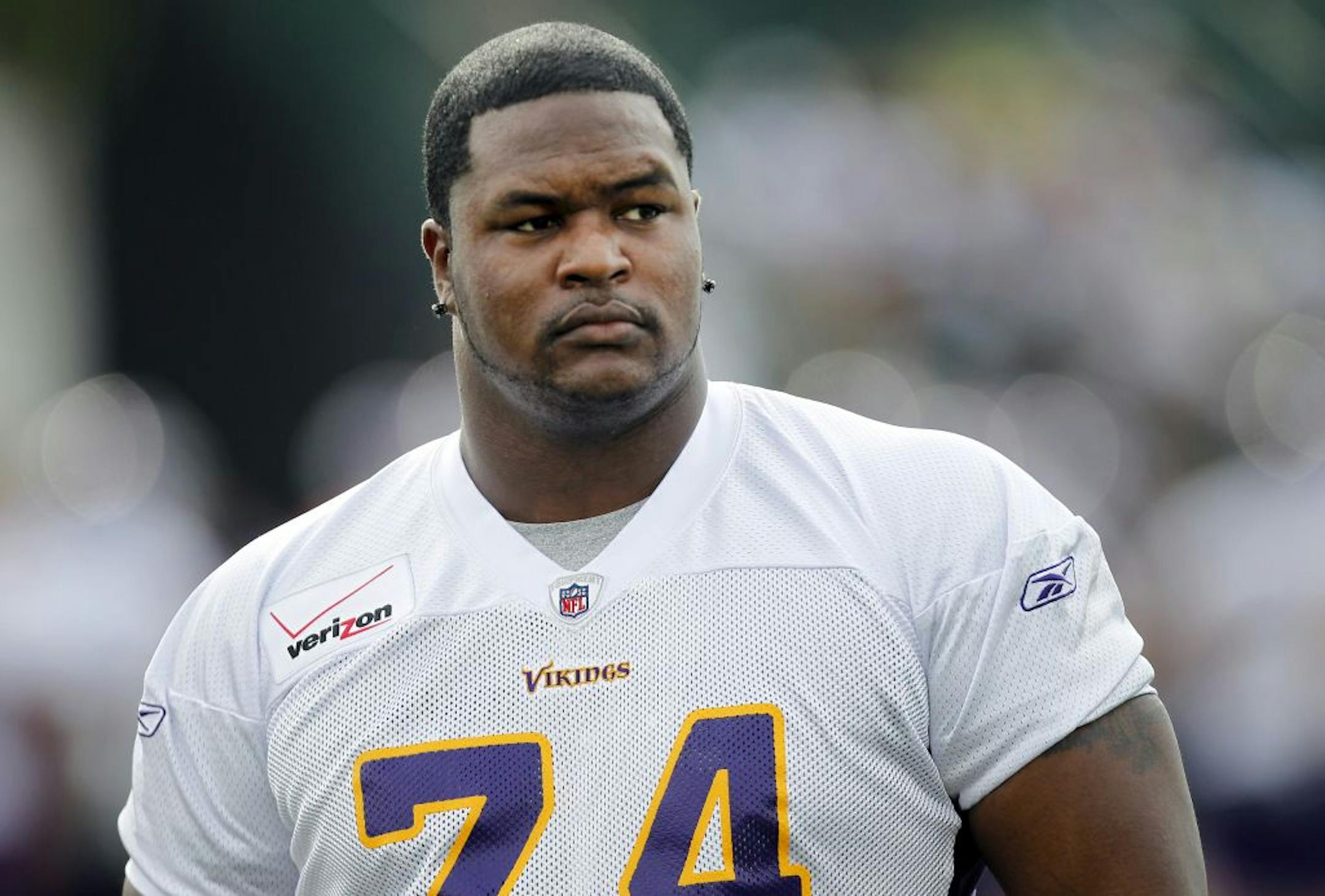 Vikings offensive lineman Bryant McKinnie during practice on Tuesday. McKinnie was placed on the non-football injury list.