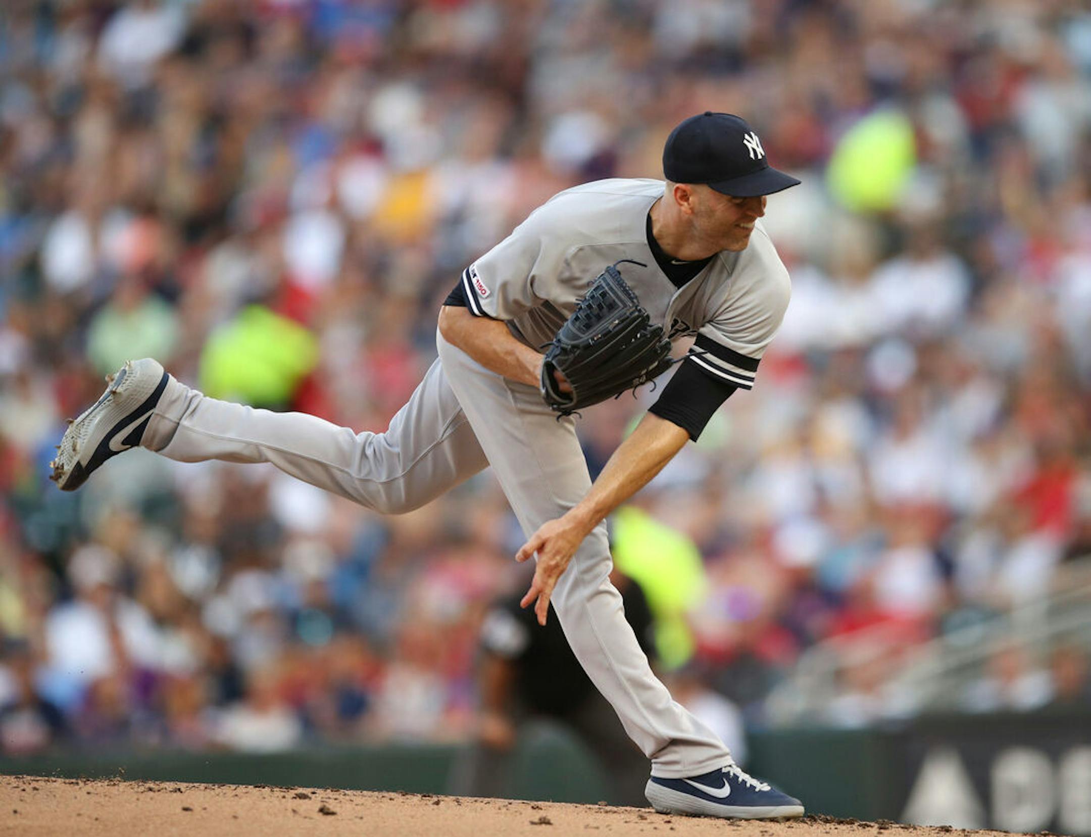 New York Yankees starting pitcher J.A. Happ throwing to the Twins in the first inning. ] JEFF WHEELER • jeff.wheeler@startribune.com