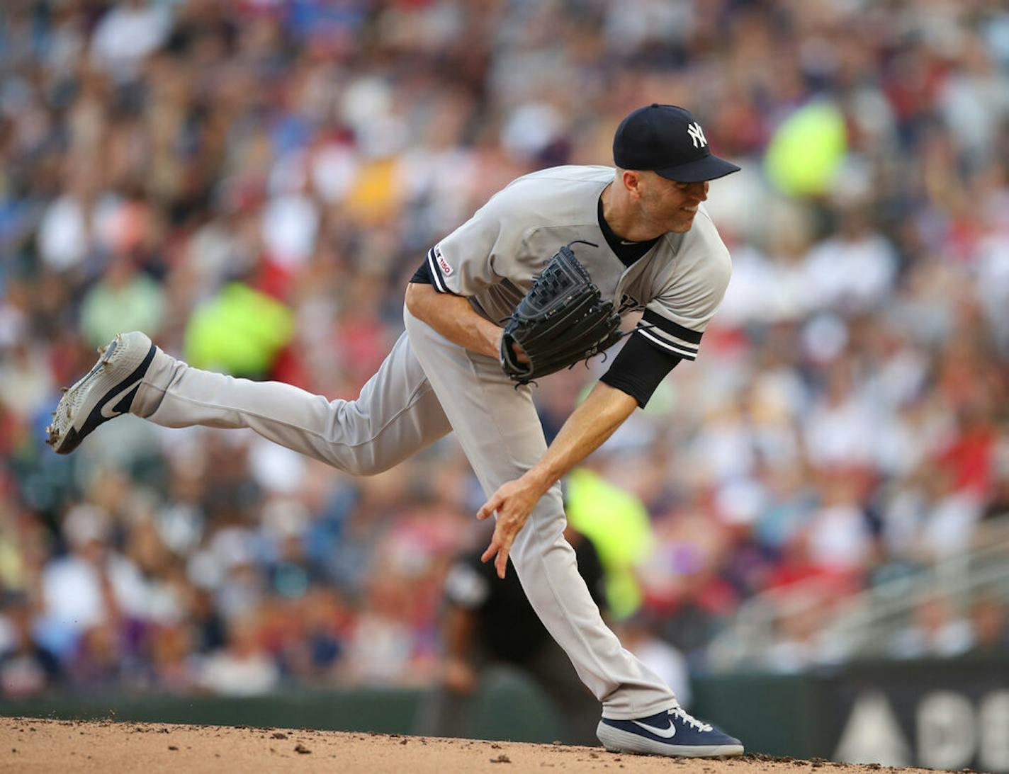 New York Yankees starting pitcher J.A. Happ throwing to the Twins in the first inning. ] JEFF WHEELER • jeff.wheeler@startribune.com