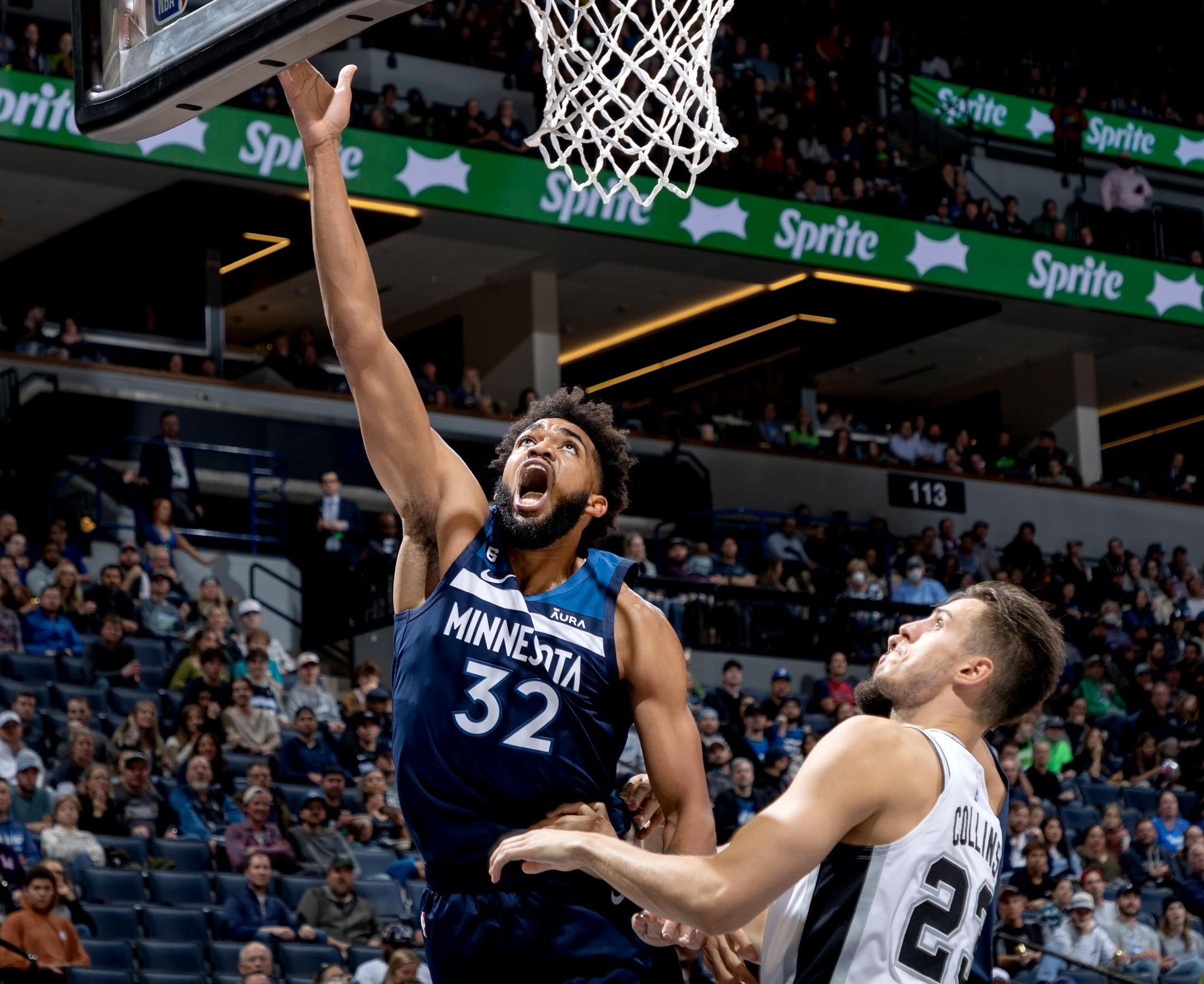 Karl Anthony-Towns (32) of the Minnesota Timberwolves attempts as shot in the second quarter Wednesday, October 26, 2022, at Target Center in Minneapolis, Minn.