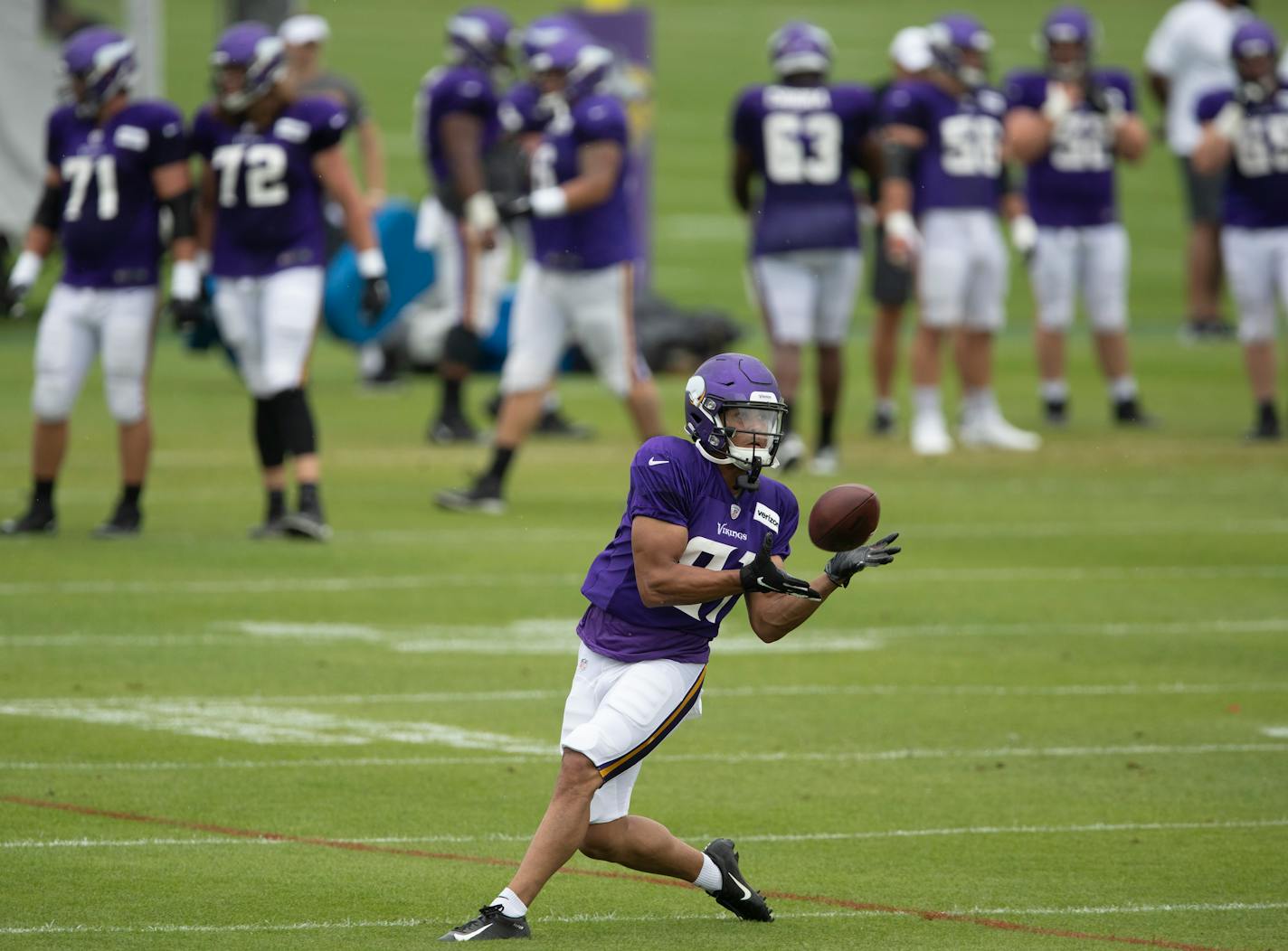 Vikings wide receiver Olabisi Johnson, a seventh-round draft choice in contention to make the team, is working out at multiple positions during practice.