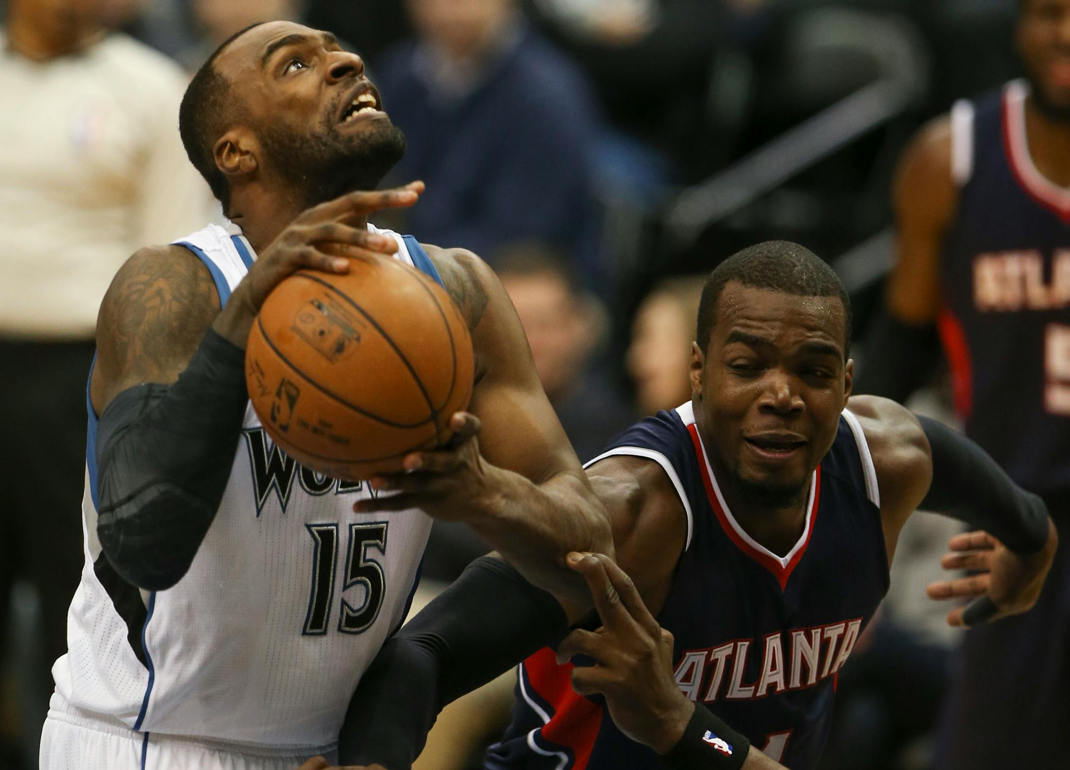 Timberwolves forward Shabazz Muhammad was fouled on a drive against Atlanta in the first quarter Monday night at Target Center.