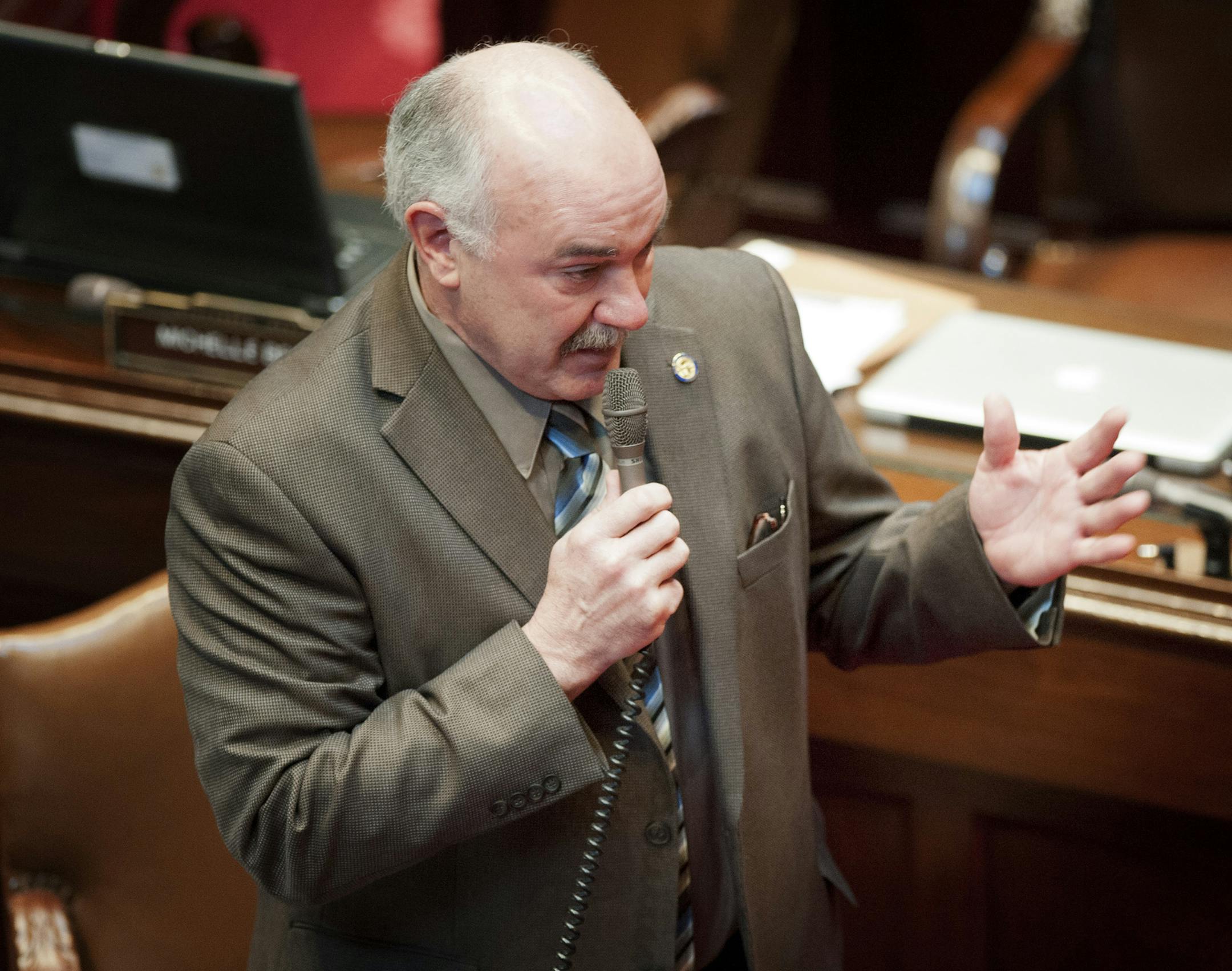 DFL Senator David Tomassoni spoke against the teacher tenure bill Monday, February 27, 2012 saying instead " we should just stop laying off teachers" adding" We're doing a lot worse job of funding our schools than teachers are at teaching our kids." Pam Wolf sponsored the bill which passed 36 to 26. ] GLEN STUBBE * gstubbe@startribune.com