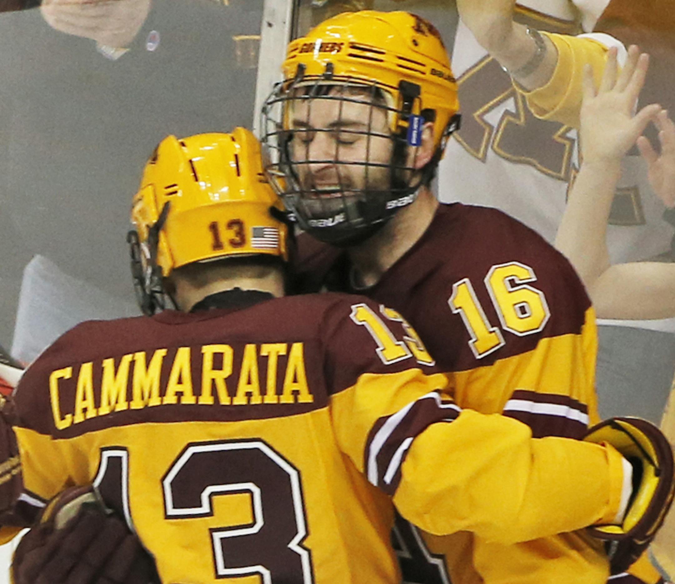 Minnesota's Nate Condon (16) celebrated his goal in first period action. ] Minnesota Gophers vs. Robert Morris Colonials West Regional Hockey Tournament. (MARLIN LEVISON/STARTRIBUNE(mlevison@startribune.com)