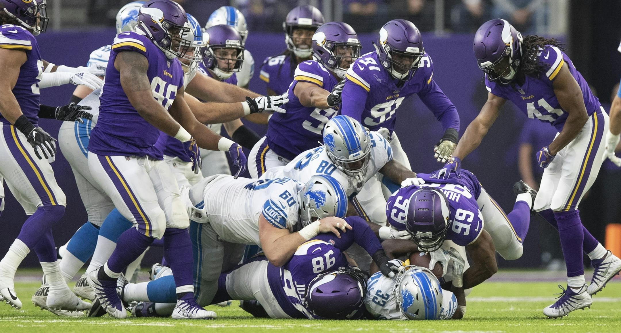 Viking defensive end Danielle Hunter stopped Lions running back Kerryon Johnson for no gain in the first half at U.S.Bank Stadium Sunday 4, 2018 in Minneapolis, MN.