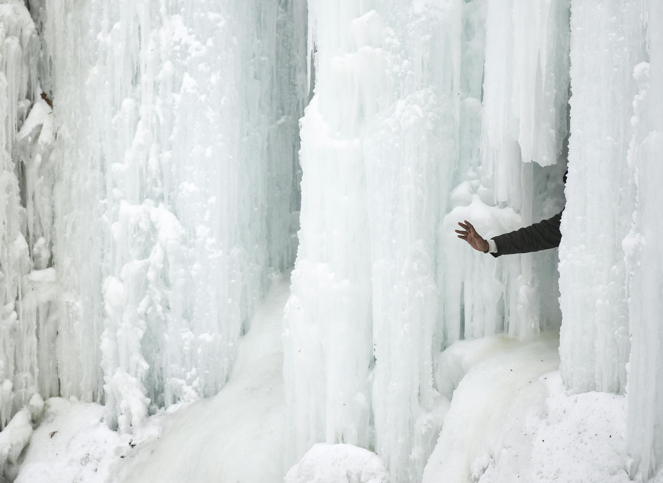 A person waved for a photo from behind Frozen Minnehaha Falls Saturday. ] Aaron Lavinsky ¥ aaron.lavinsky@startribune.com Hundreds of park-goers hopped the fences to get a good look at frozen Minnehaha Falls on Saturday, Feb. 2, 2019 in Minneapolis, Minn.