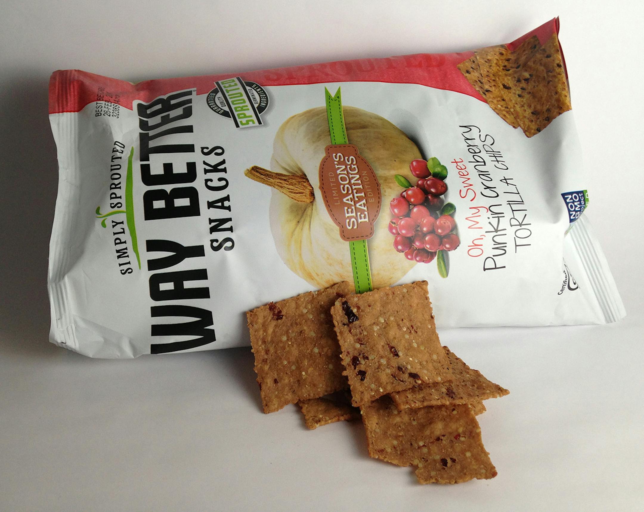 Locally sourced: Way Better Snacks. Pumpkin and cranberry flavored chips.